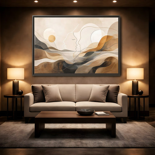 Mockup 2. Abstract Abstract Faces Brown Gold Abstract shown as stretched canvas wall art