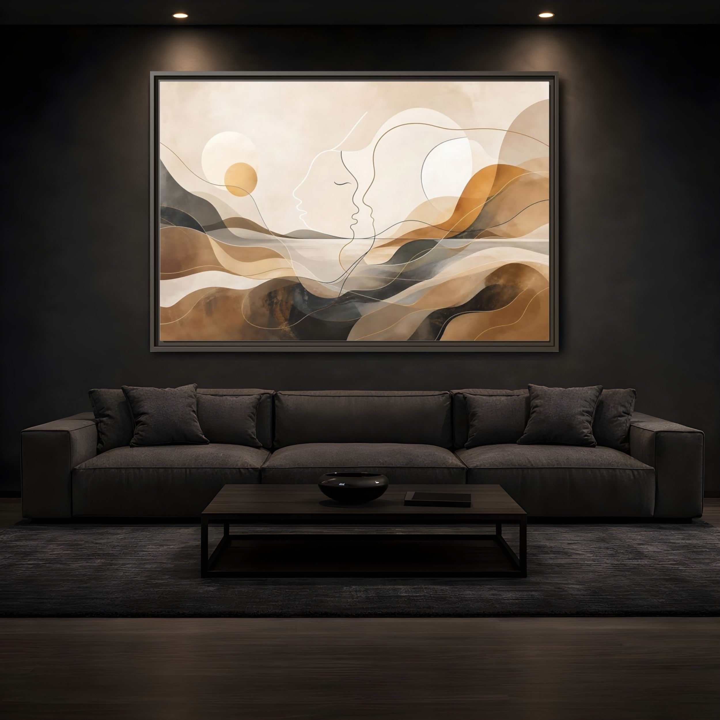 Mockup 3. Abstract Abstract Faces Brown Gold Abstract shown as stretched canvas wall art