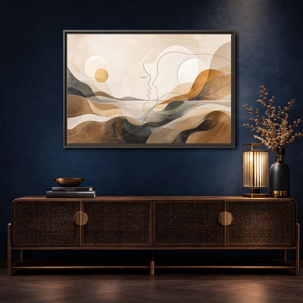 Mockup 4. Abstract Abstract Faces Brown Gold Abstract shown as stretched canvas wall art