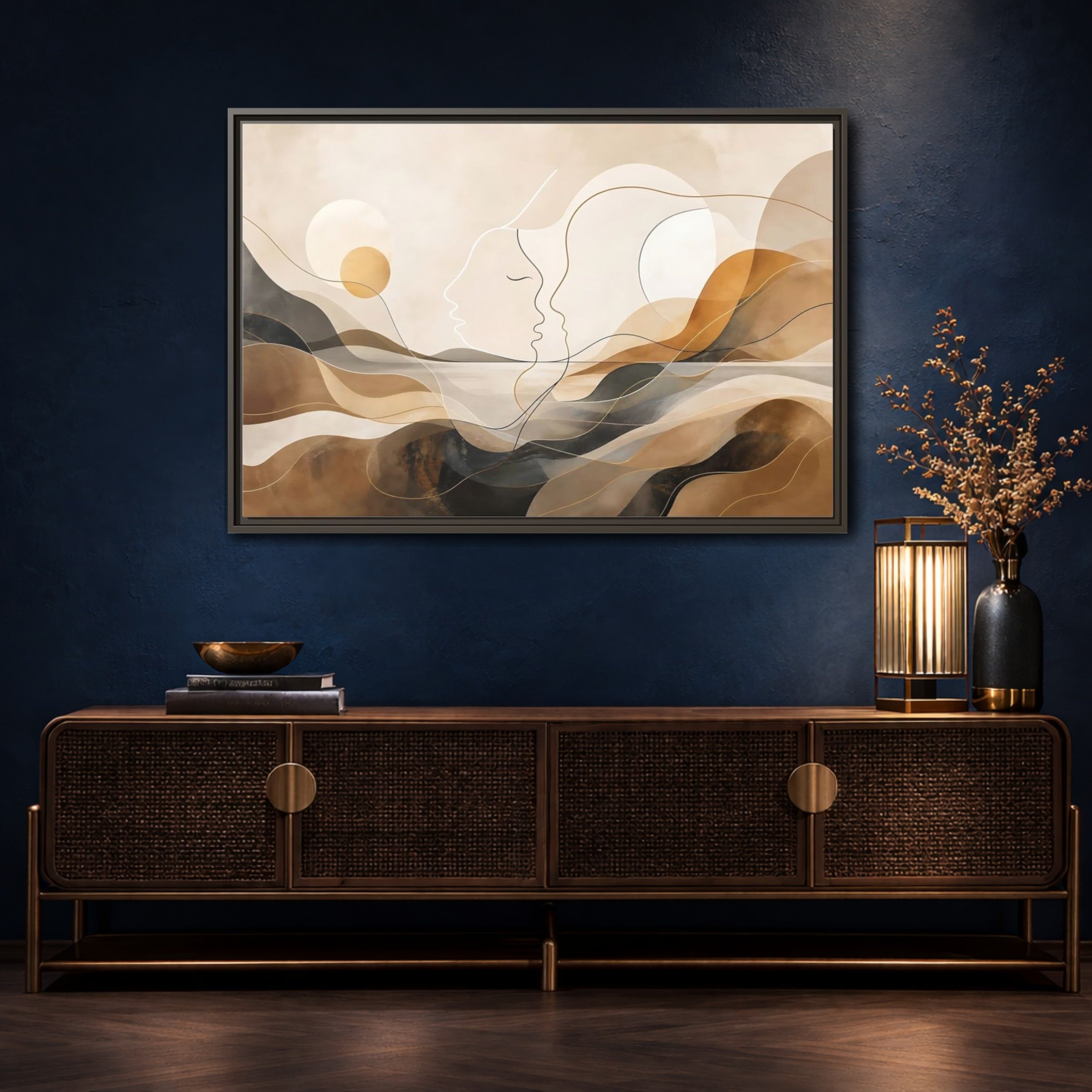 Mockup 4. Abstract Abstract Faces Brown Gold Abstract shown as stretched canvas wall art