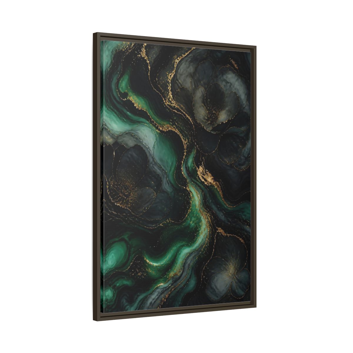 Main Mockup. Abstract Abstract Floral Emerald Gold Abstract shown as stretched canvas wall art