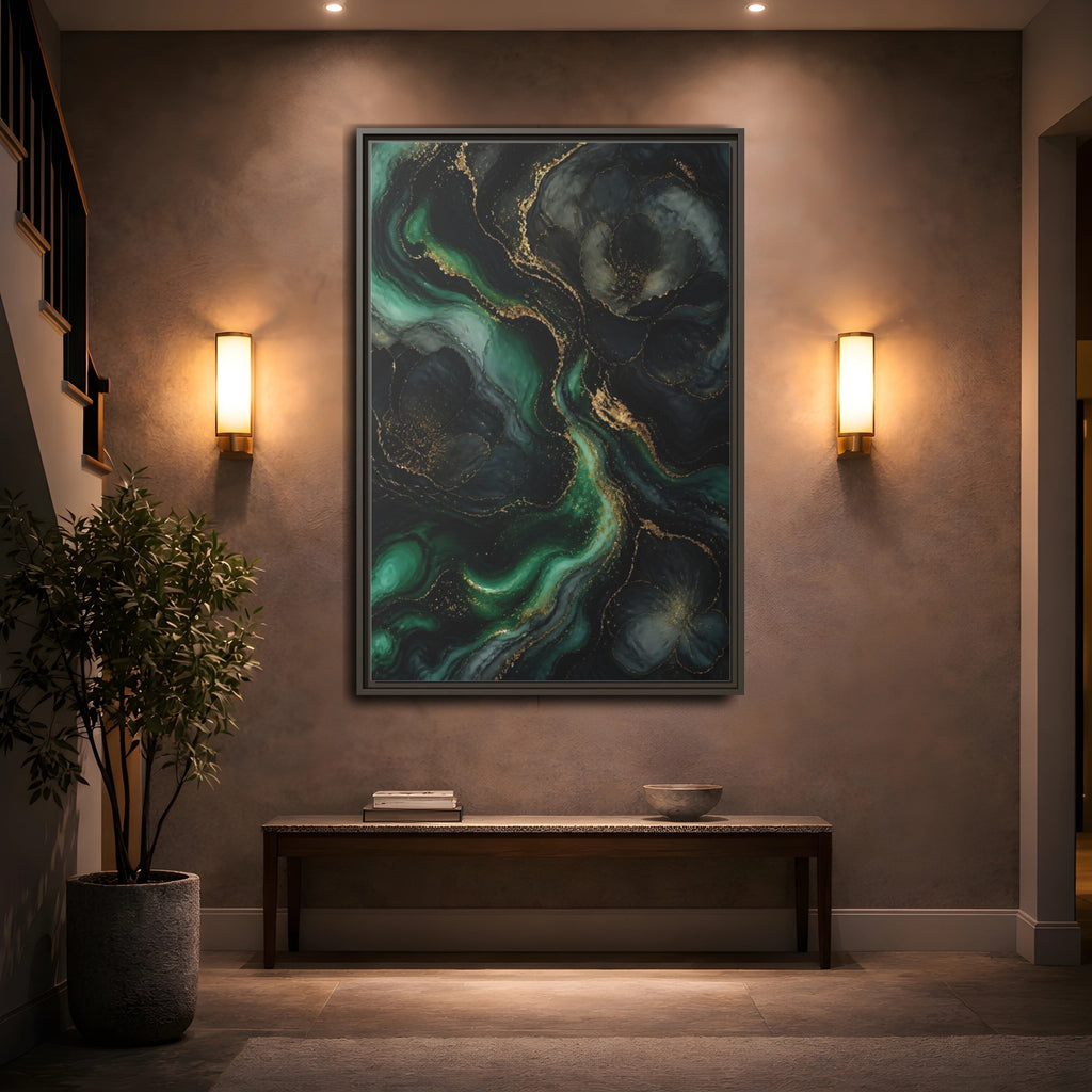 Mockup 2. Abstract Abstract Floral Emerald Gold Abstract shown as stretched canvas wall art