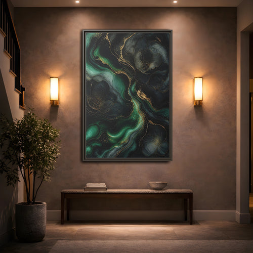 Mockup 2. Abstract Abstract Floral Emerald Gold Abstract shown as stretched canvas wall art