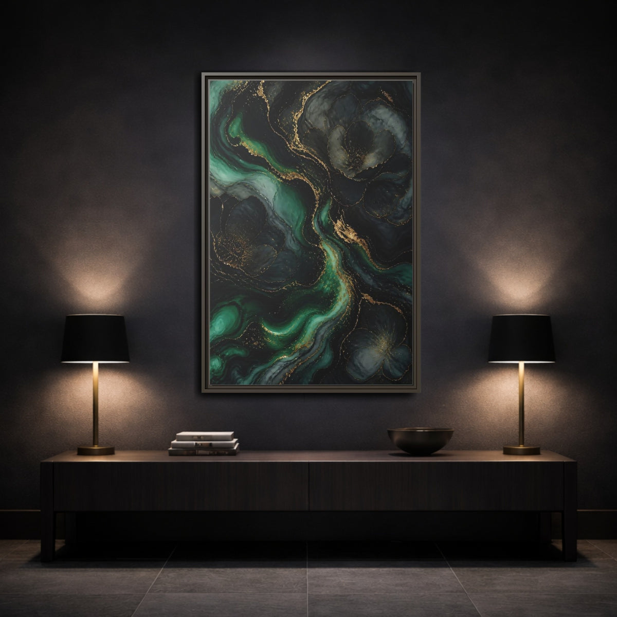 Mockup 3. Abstract Abstract Floral Emerald Gold Abstract shown as stretched canvas wall art