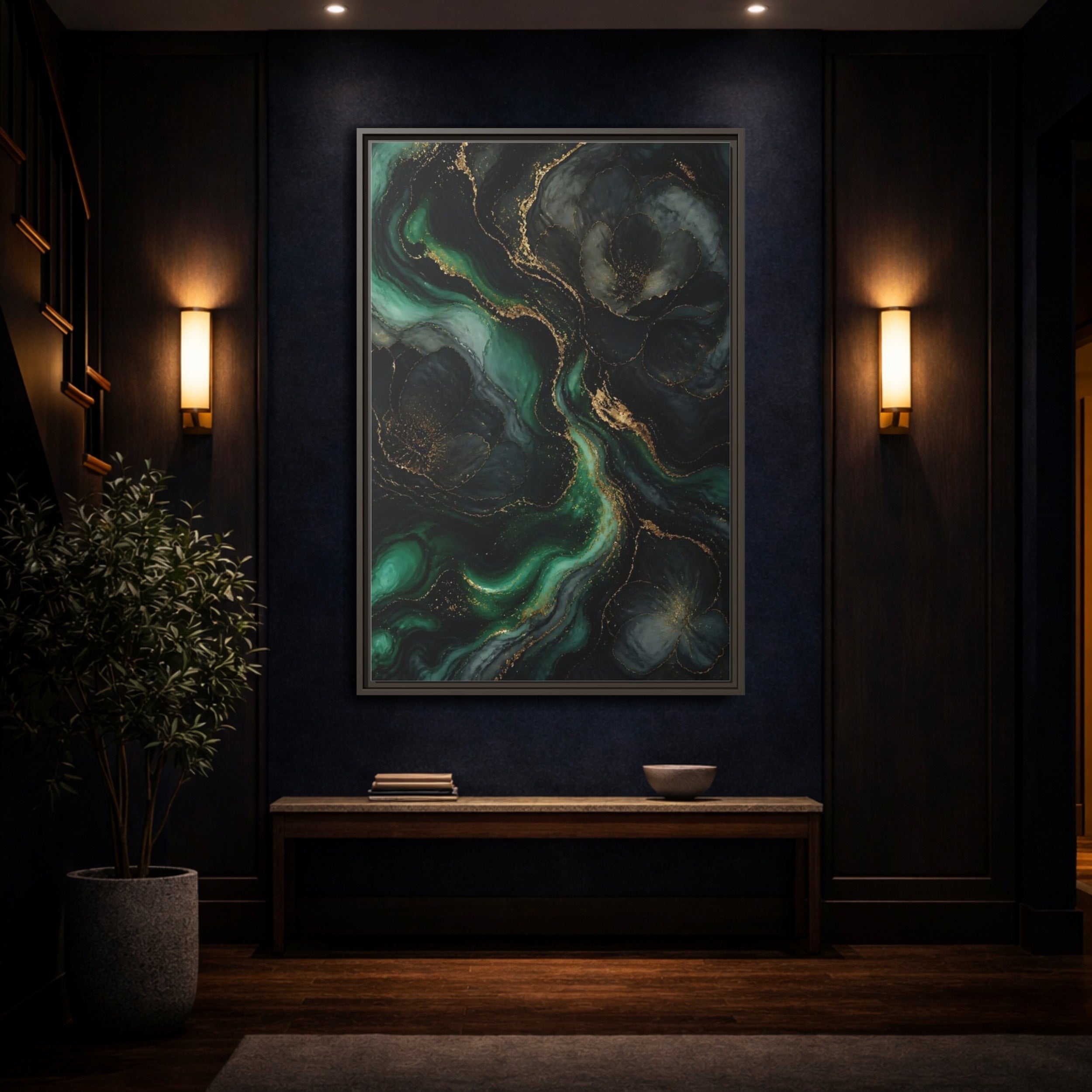Mockup 4. Abstract Abstract Floral Emerald Gold Abstract shown as stretched canvas wall art