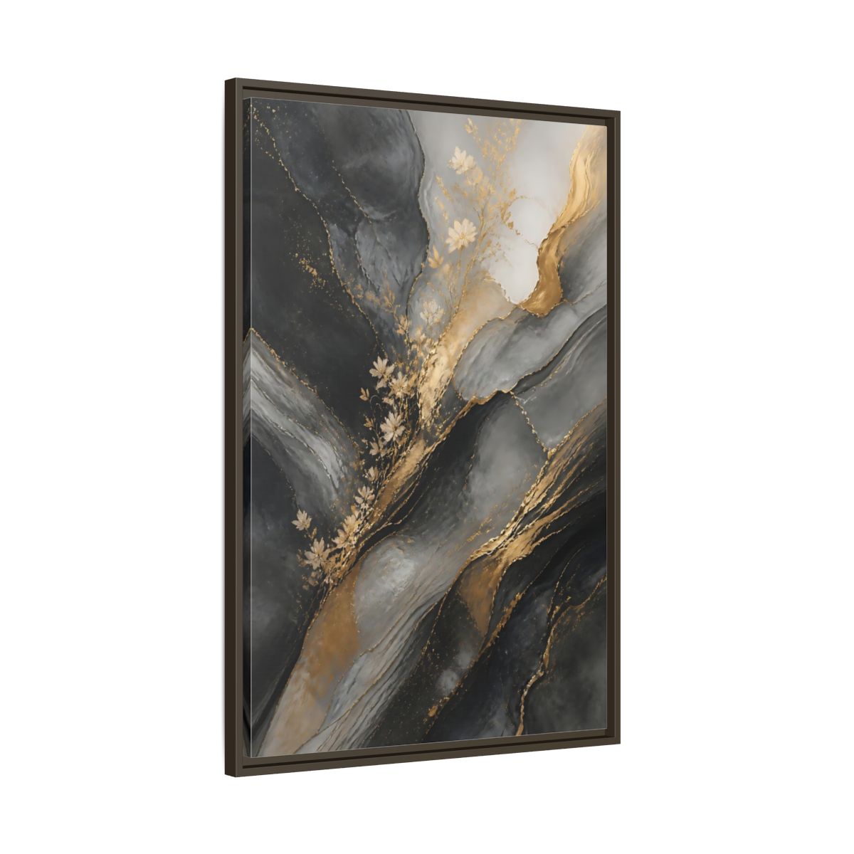 Main Mockup. Abstract Abstract Florals Dark Grey Gold Abstract shown as stretched canvas wall art