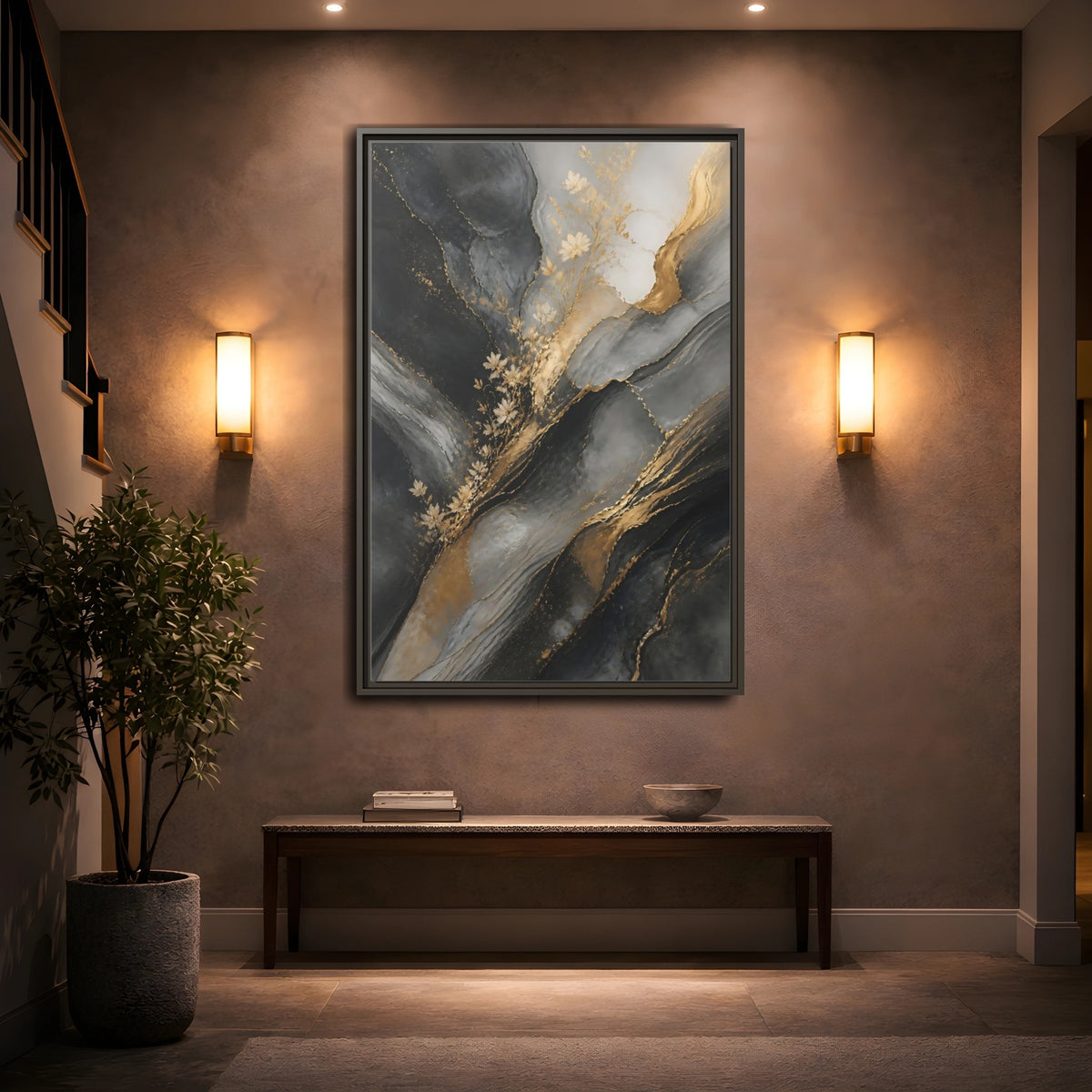 Mockup 2. Abstract Abstract Florals Dark Grey Gold Abstract shown as stretched canvas wall art