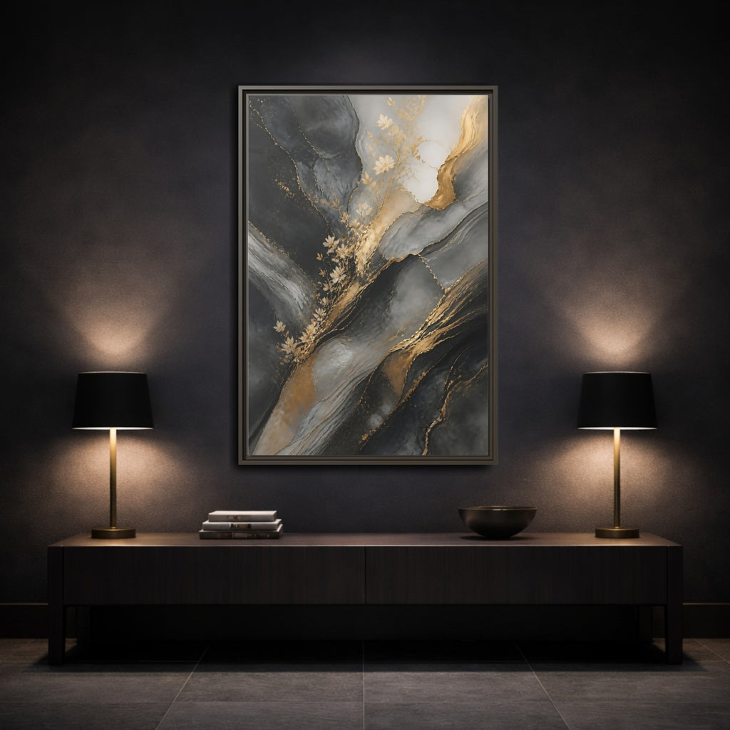 Mockup 3. Abstract Abstract Florals Dark Grey Gold Abstract shown as stretched canvas wall art