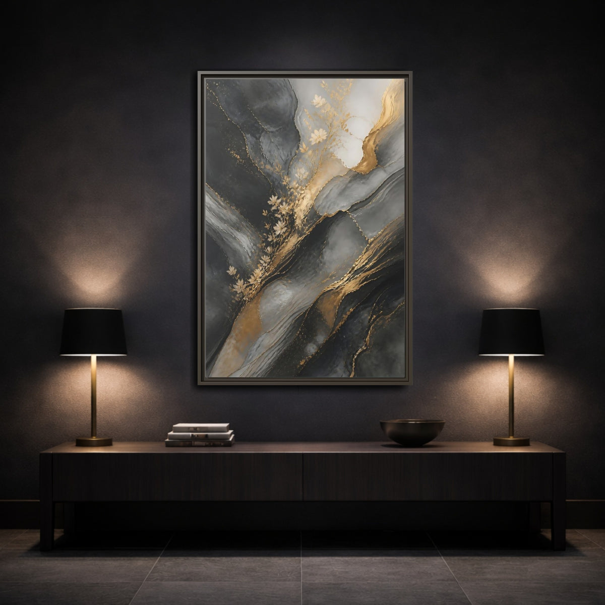 Mockup 3. Abstract Abstract Florals Dark Grey Gold Abstract shown as stretched canvas wall art