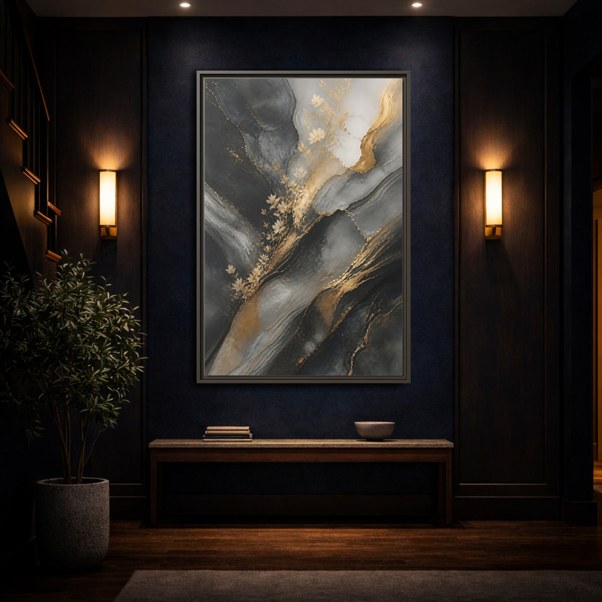 Mockup 4. Abstract Abstract Florals Dark Grey Gold Abstract shown as stretched canvas wall art