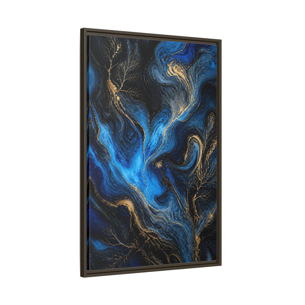 Main Mockup. Abstract Abstract Flow Blue And Gold shown as stretched canvas wall art