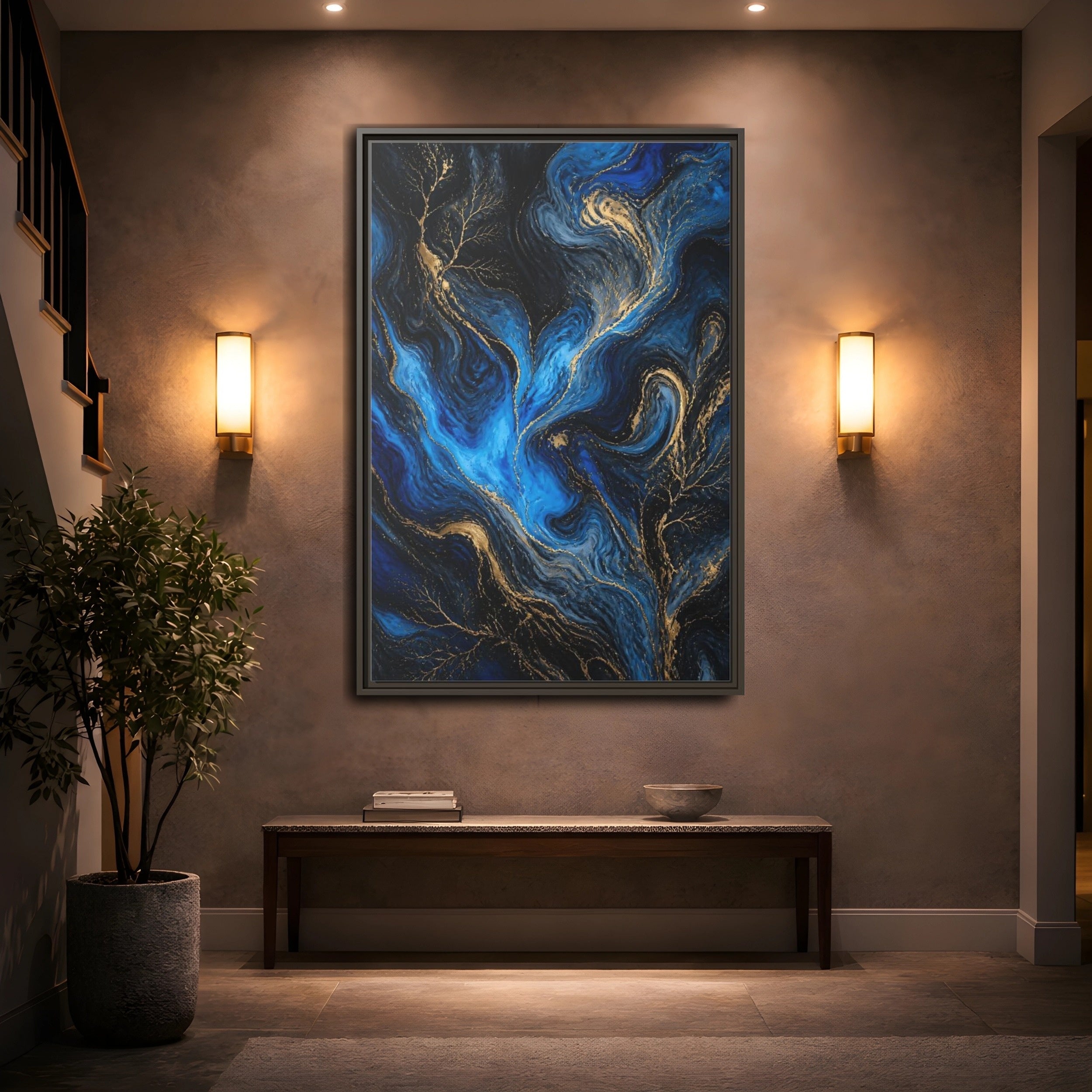 Mockup 2. Abstract Abstract Flow Blue And Gold shown as stretched canvas wall art