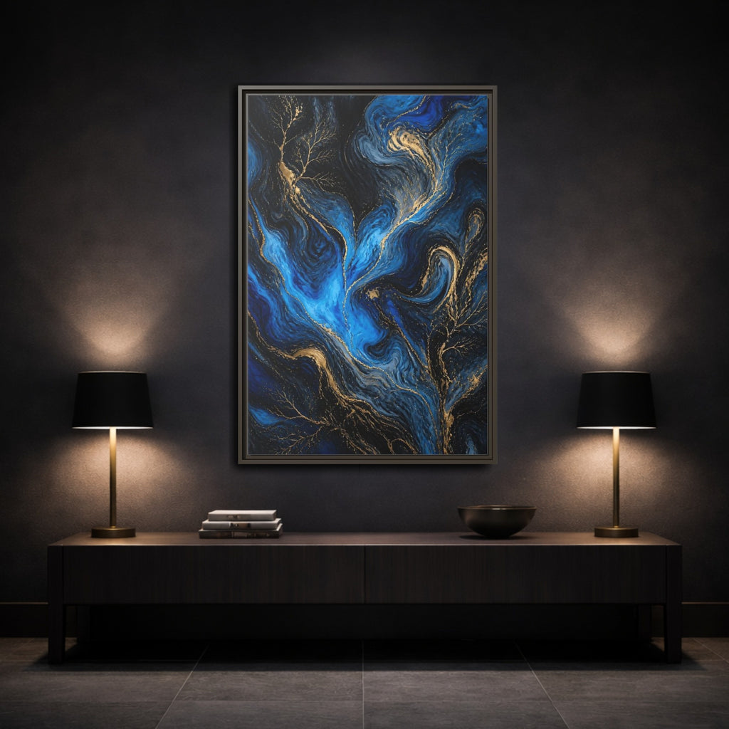 Mockup 3. Abstract Abstract Flow Blue And Gold shown as stretched canvas wall art