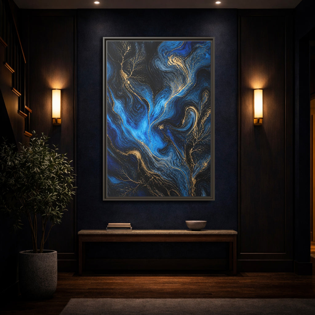 Mockup 4. Abstract Abstract Flow Blue And Gold shown as stretched canvas wall art
