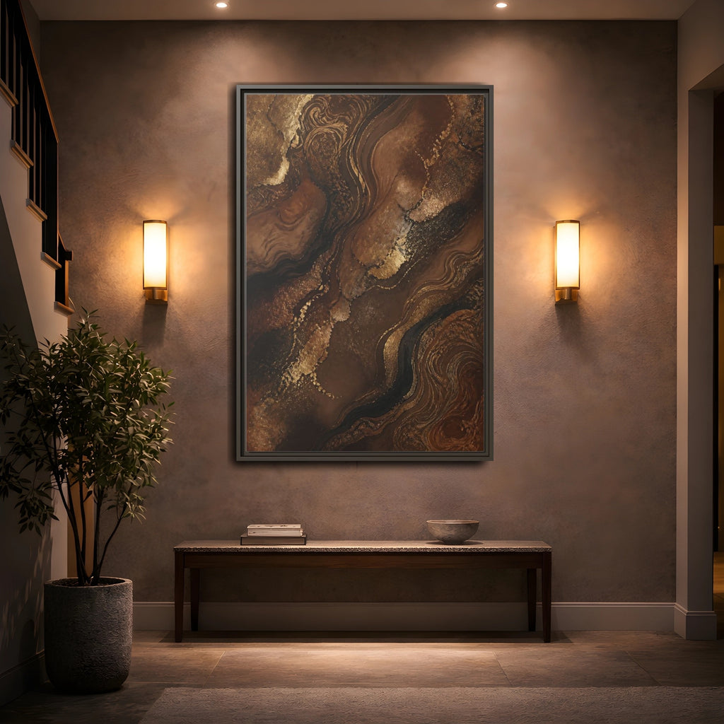 Mockup 2. Abstract Abstract Flow Brown And Gold Abstract shown as stretched canvas wall art