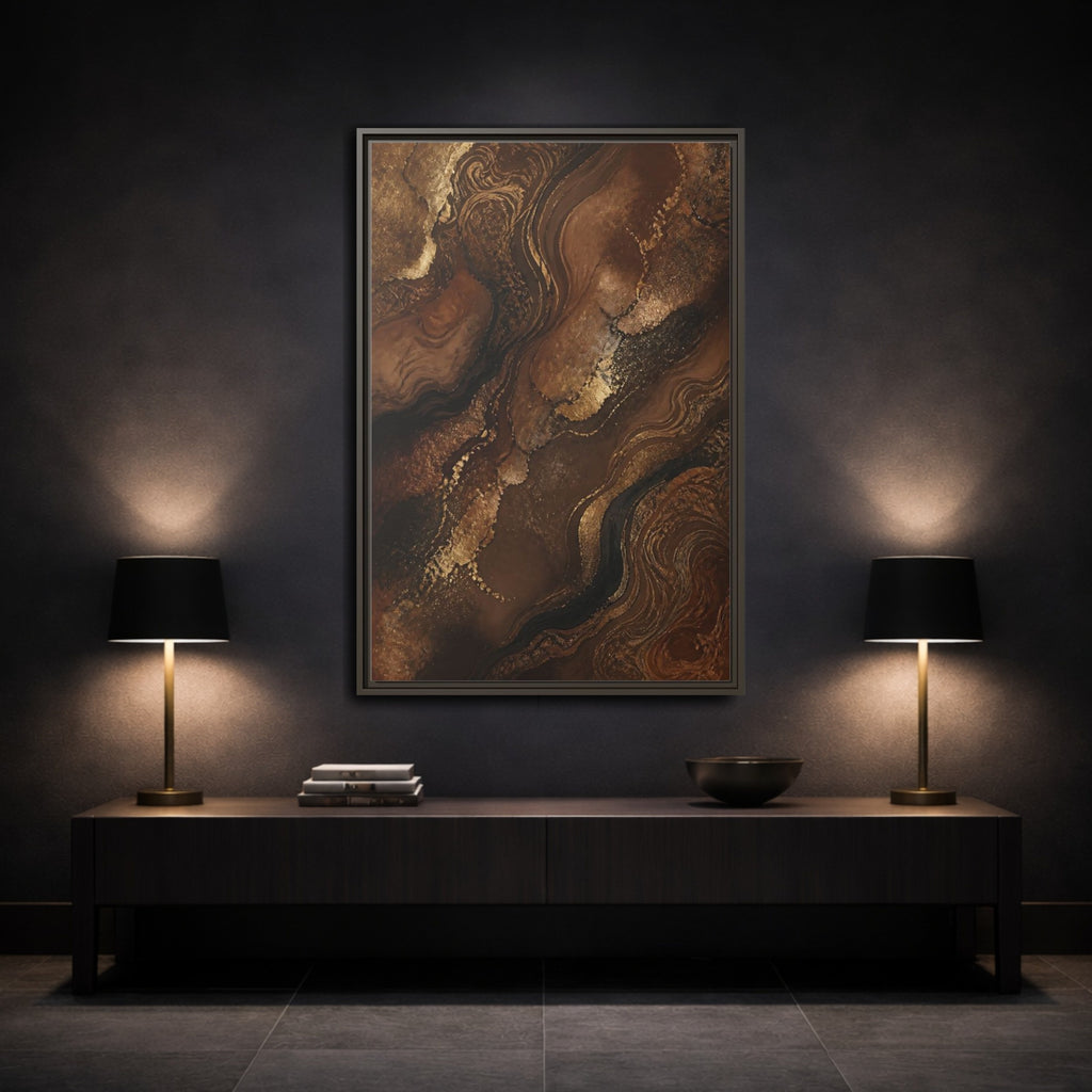 Mockup 3. Abstract Abstract Flow Brown And Gold Abstract shown as stretched canvas wall art