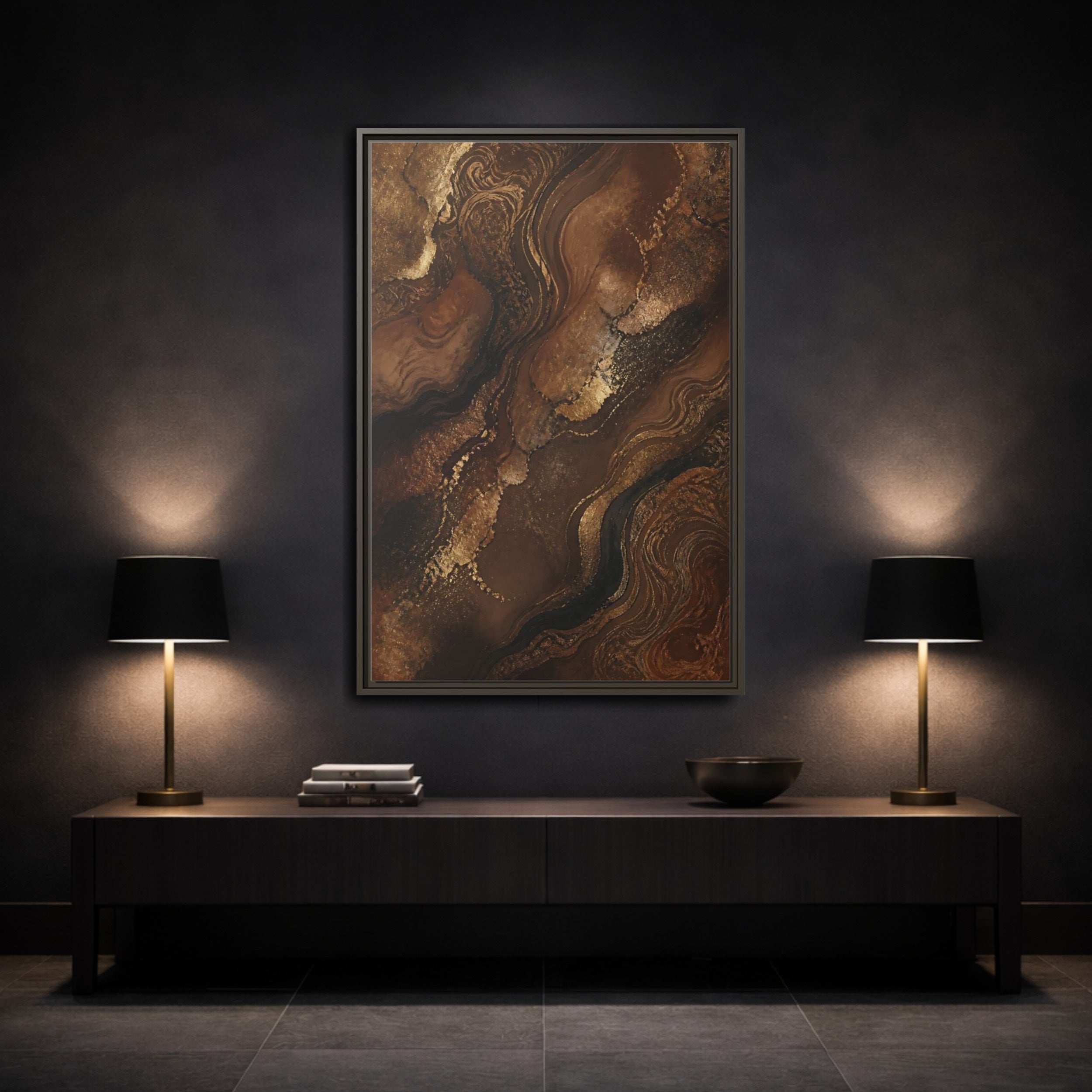 Mockup 3. Abstract Abstract Flow Brown And Gold Abstract shown as stretched canvas wall art