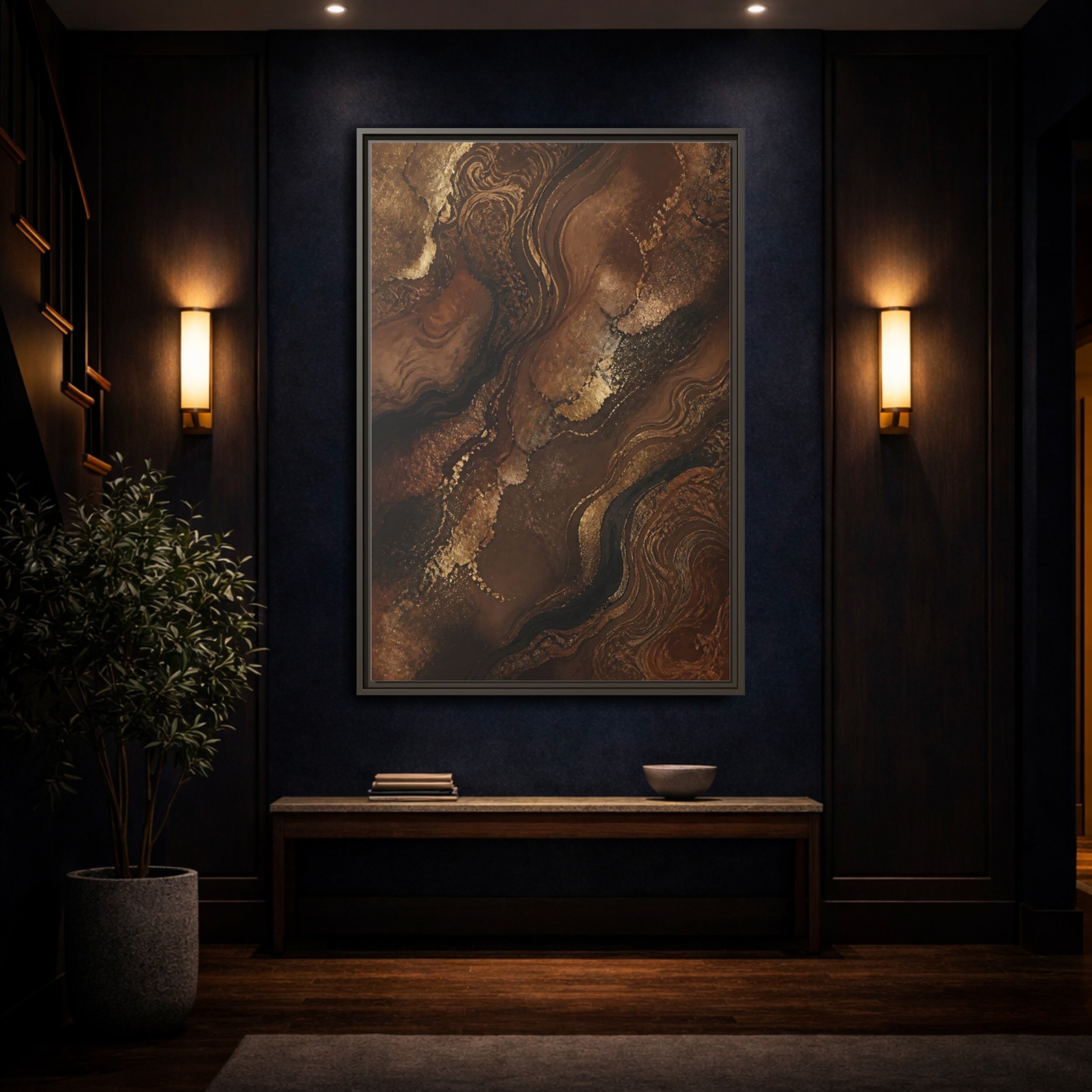 Mockup 4. Abstract Abstract Flow Brown And Gold Abstract shown as stretched canvas wall art