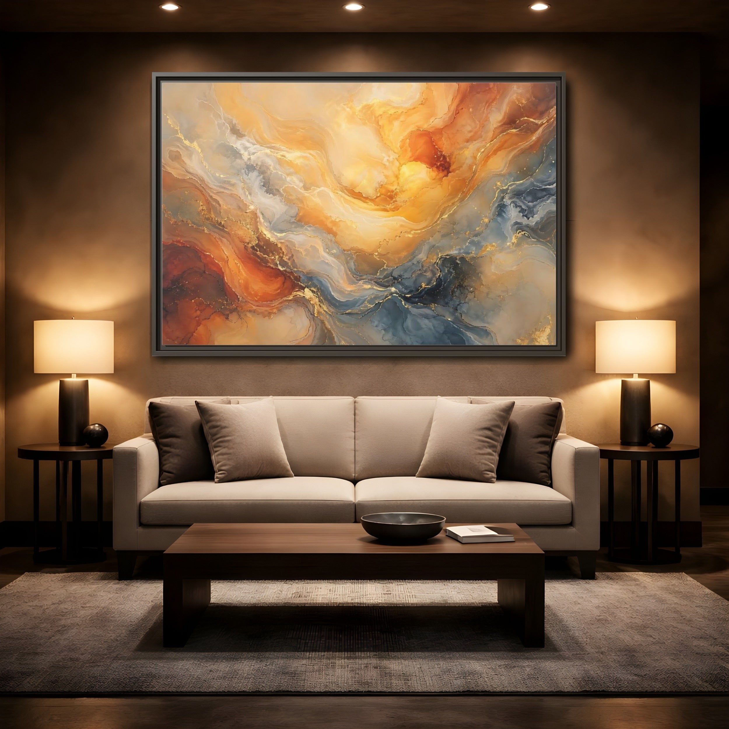 Mockup 2. Abstract Abstract Flow Gold And Blue Abstract shown as stretched canvas wall art