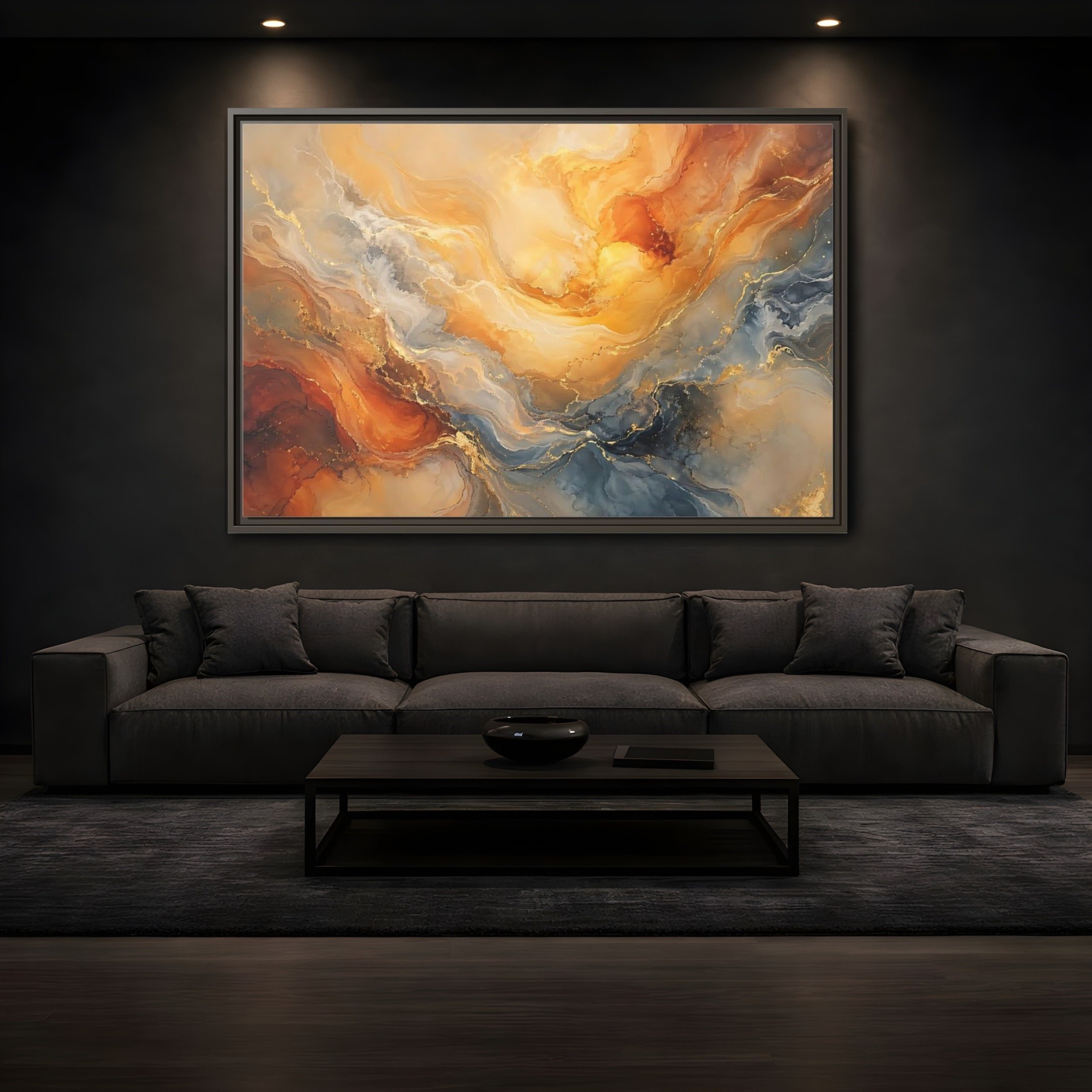 Mockup 3. Abstract Abstract Flow Gold And Blue Abstract shown as stretched canvas wall art