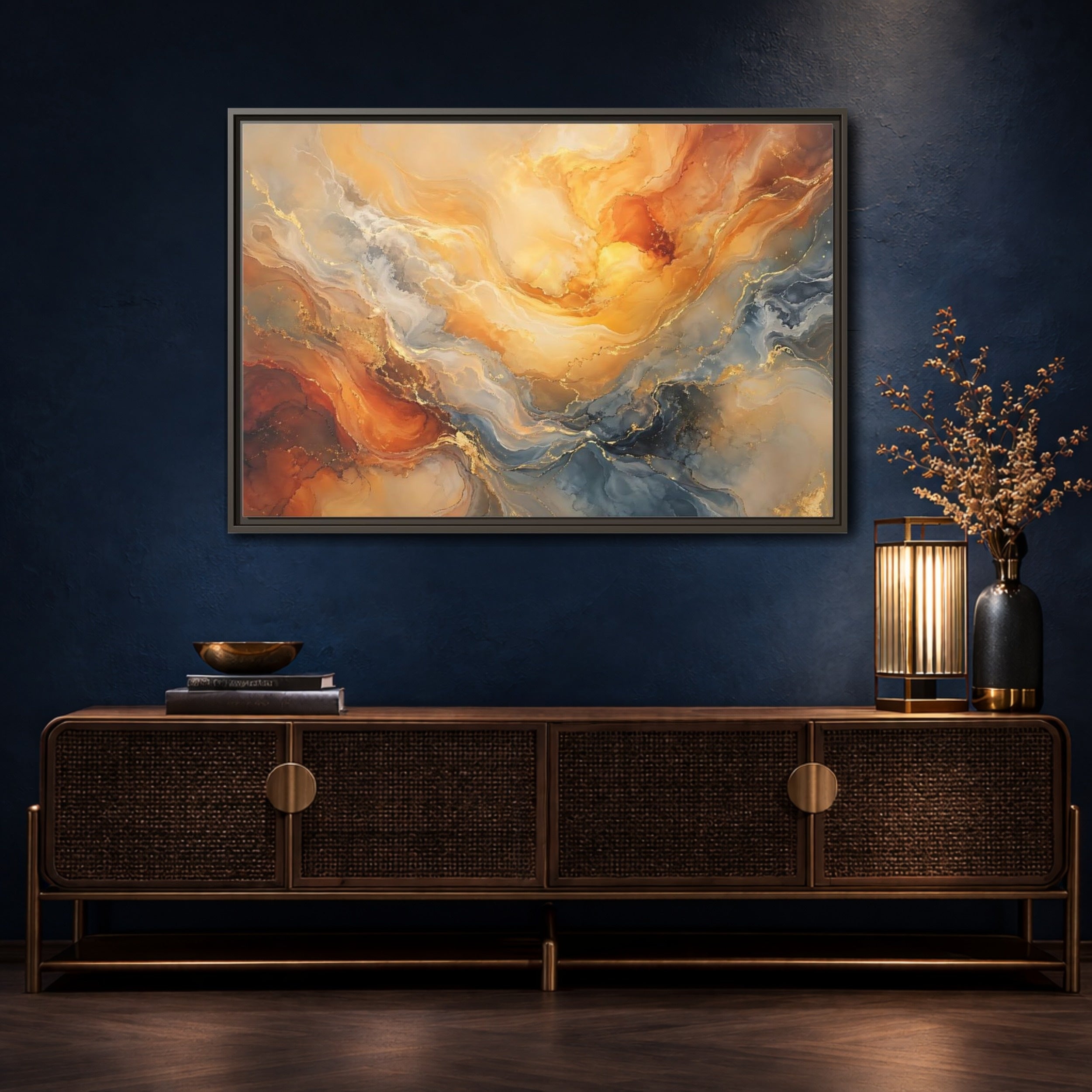 Mockup 4. Abstract Abstract Flow Gold And Blue Abstract shown as stretched canvas wall art