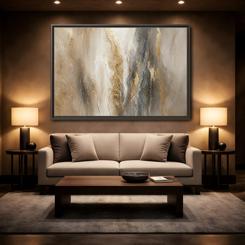 Mockup 2. Abstract Abstract Flow Gold And Gray Abstract shown as stretched canvas wall art