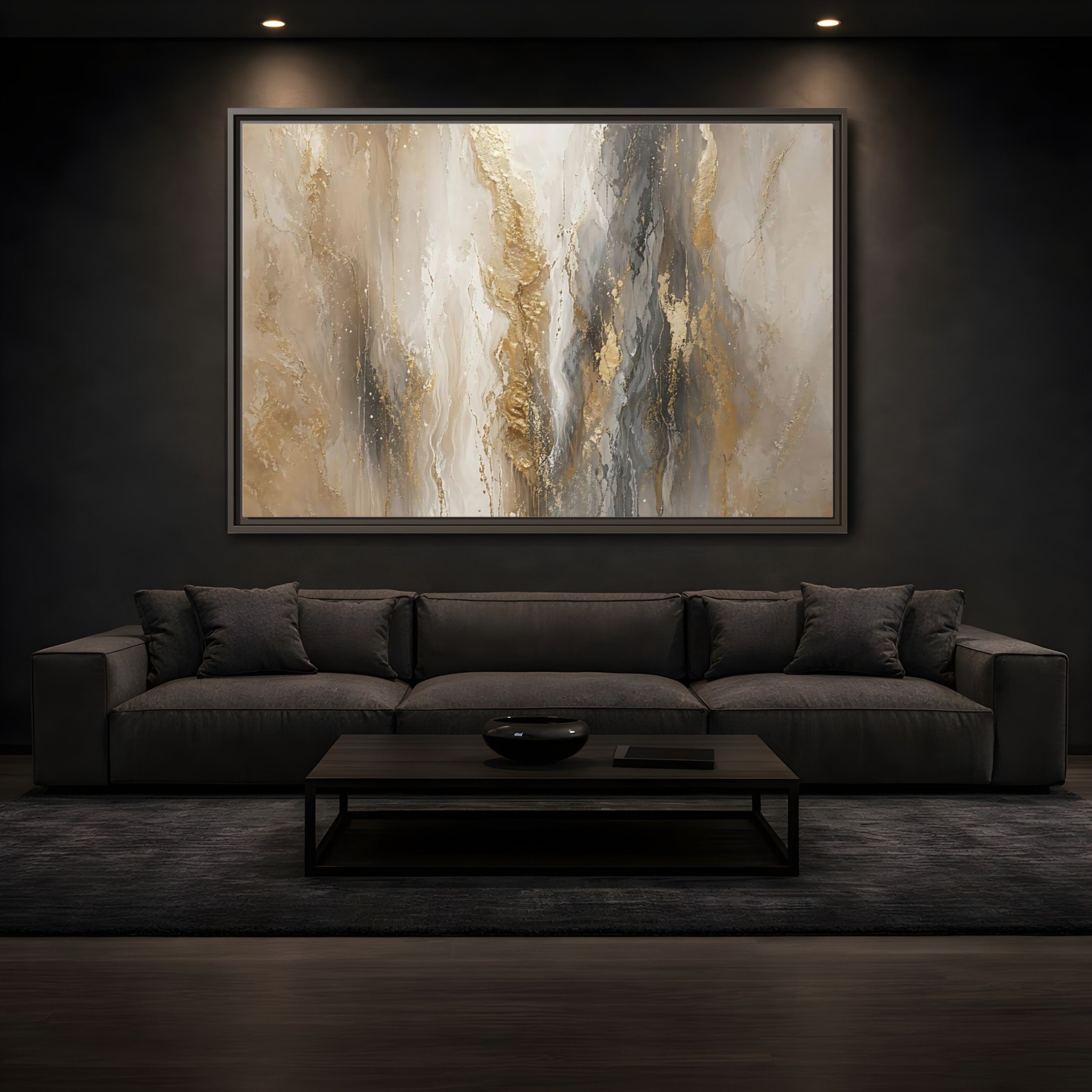 Mockup 3. Abstract Abstract Flow Gold And Gray Abstract shown as stretched canvas wall art