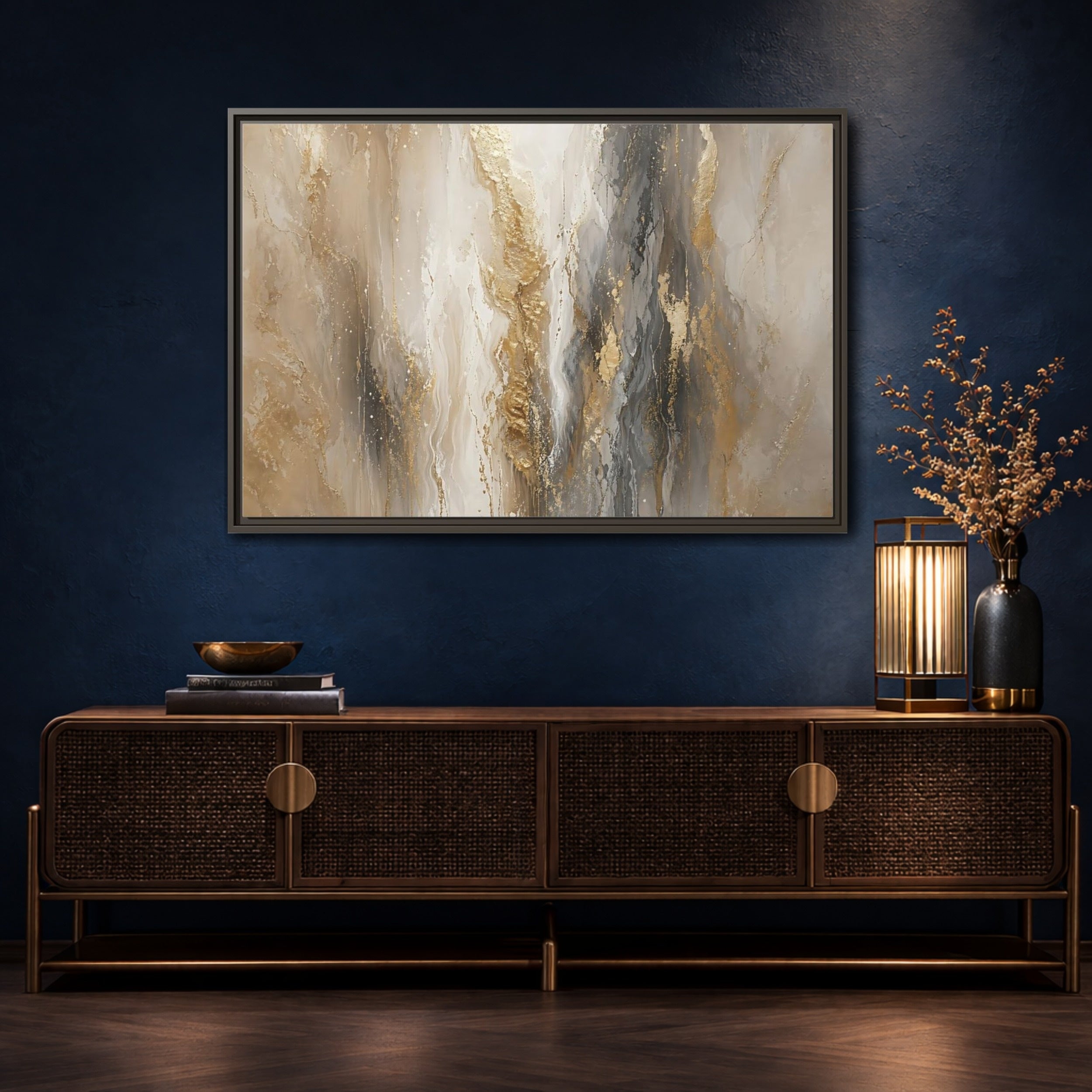 Mockup 4. Abstract Abstract Flow Gold And Gray Abstract shown as stretched canvas wall art