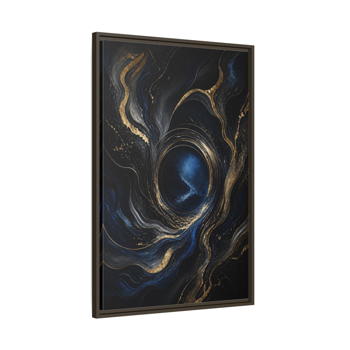 Main Mockup. Abstract Abstract Fluid Dark Blue Gold shown as stretched canvas wall art