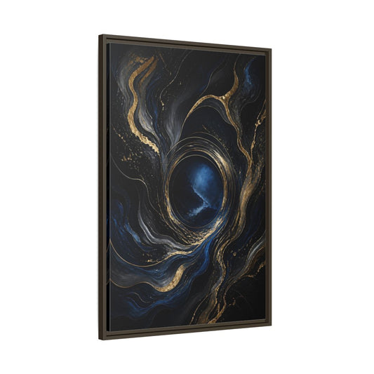 Main Mockup. Abstract Abstract Fluid Dark Blue Gold shown as stretched canvas wall art