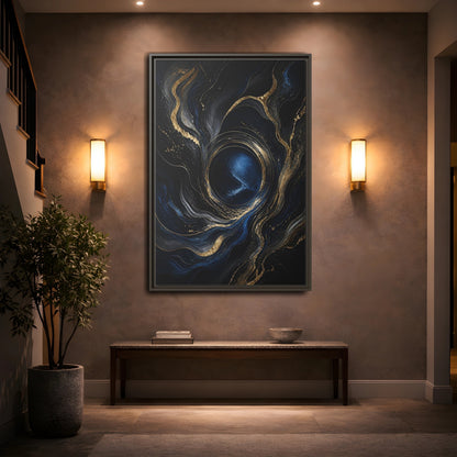 Mockup 2. Abstract Abstract Fluid Dark Blue Gold shown as stretched canvas wall art
