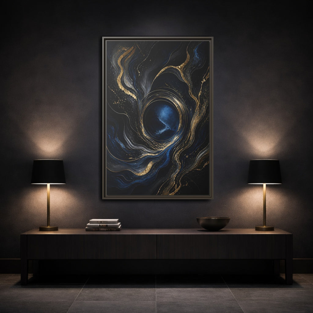 Mockup 3. Abstract Abstract Fluid Dark Blue Gold shown as stretched canvas wall art