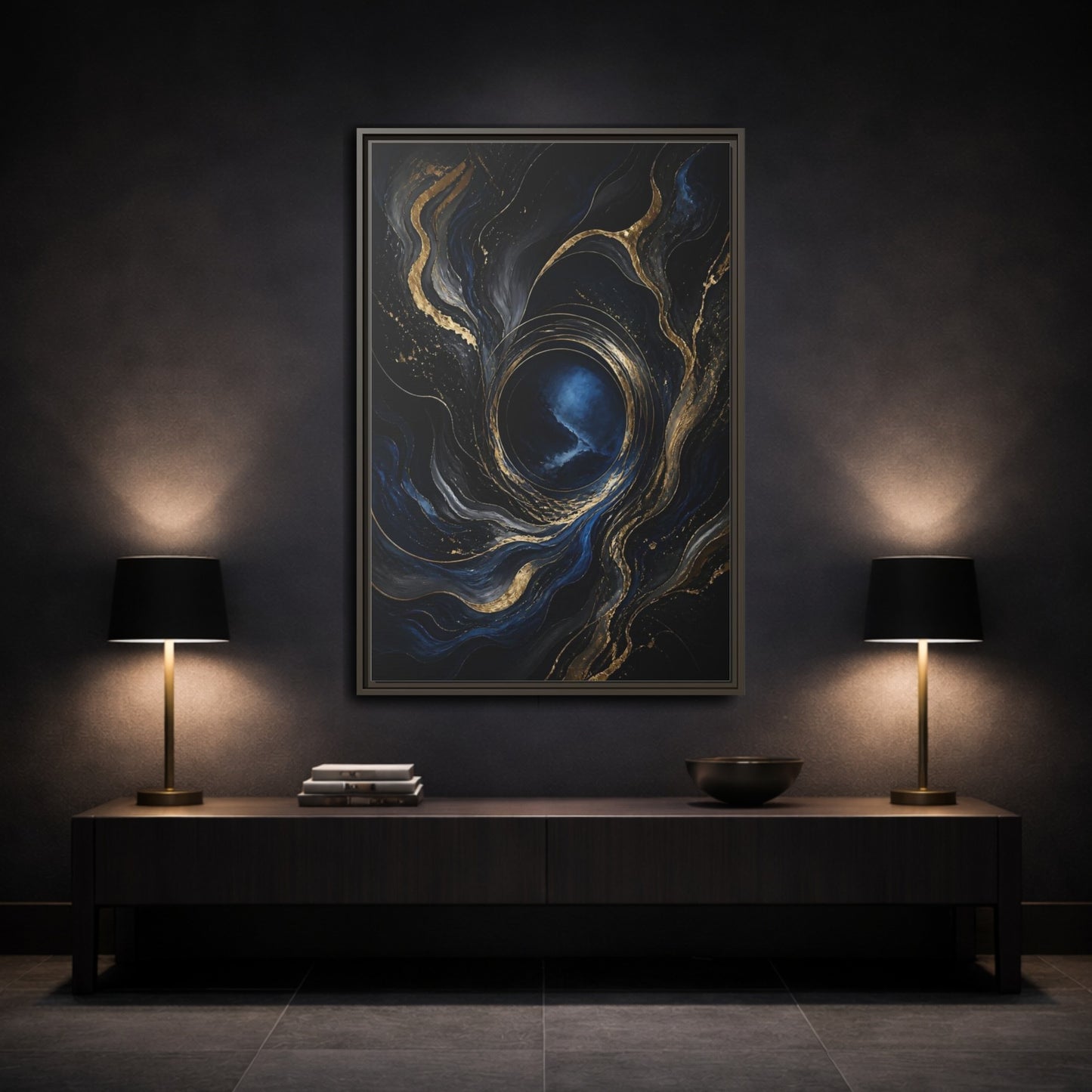 Mockup 3. Abstract Abstract Fluid Dark Blue Gold shown as stretched canvas wall art