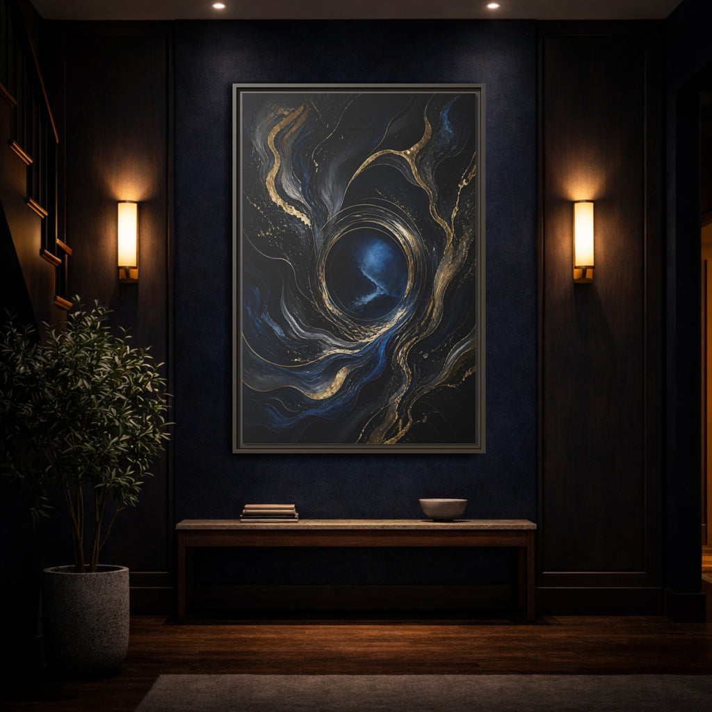 Mockup 4. Abstract Abstract Fluid Dark Blue Gold shown as stretched canvas wall art
