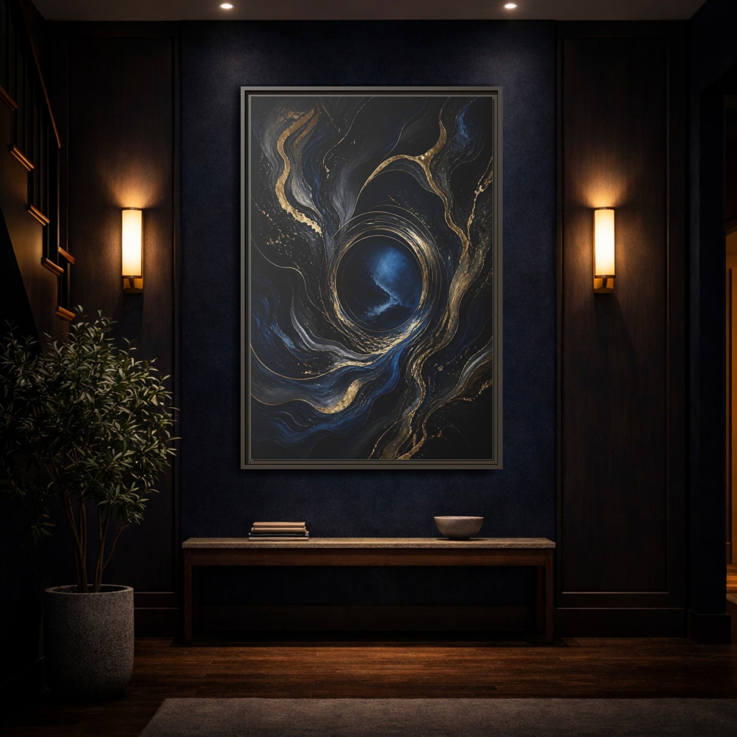 Mockup 4. Abstract Abstract Fluid Dark Blue Gold shown as stretched canvas wall art