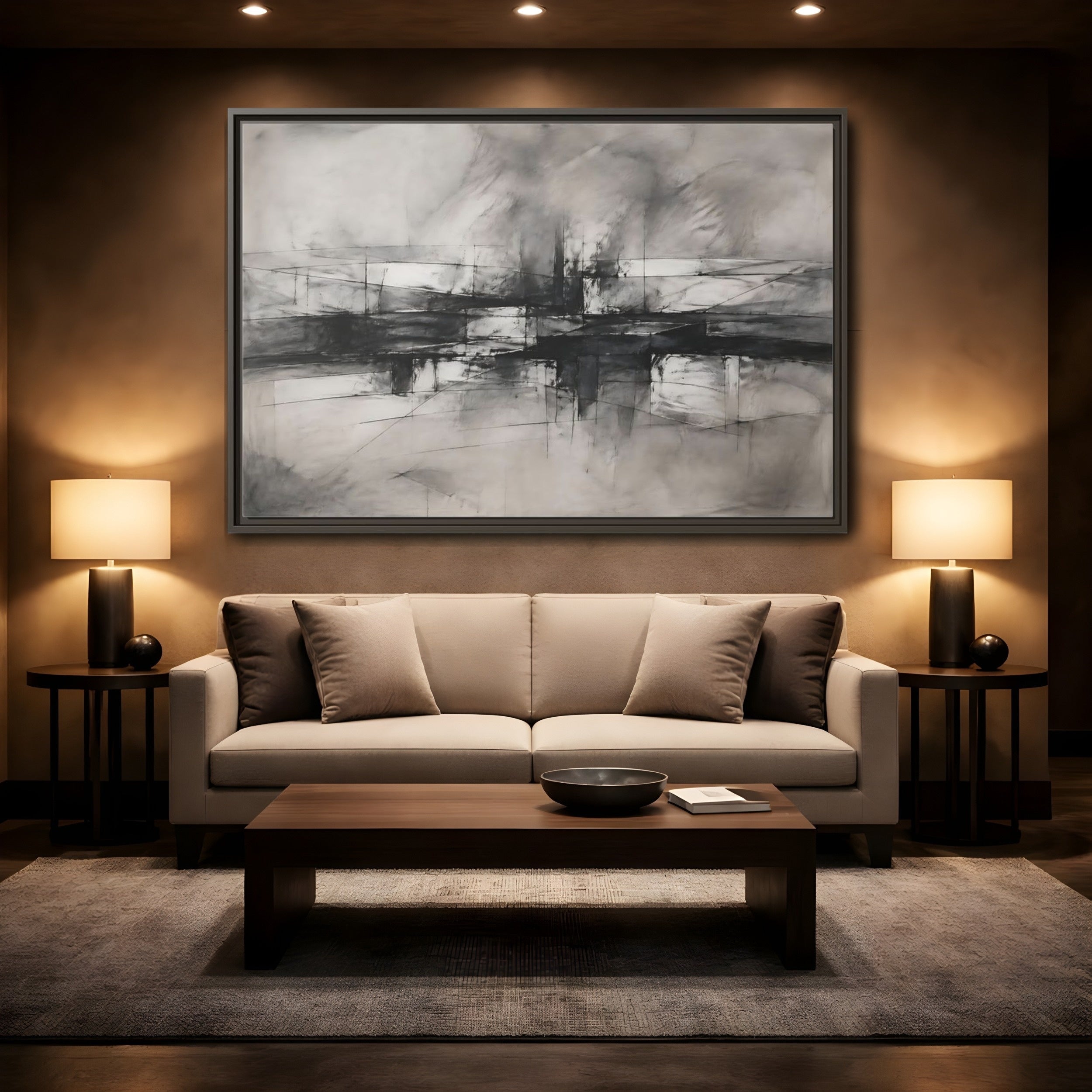 Mockup 2. Abstract Abstract Forms Black And White Abstract shown as stretched canvas wall art