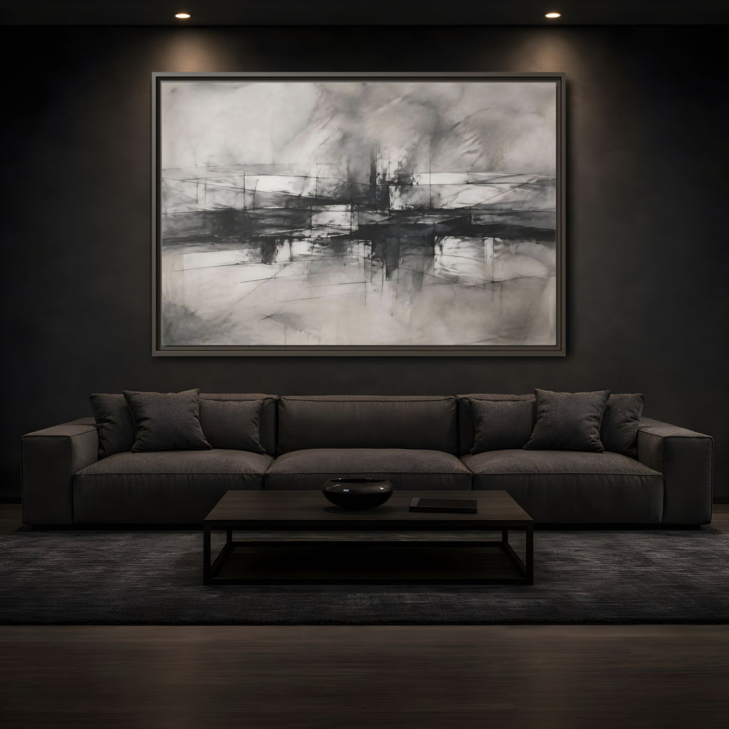 Mockup 3. Abstract Abstract Forms Black And White Abstract shown as stretched canvas wall art