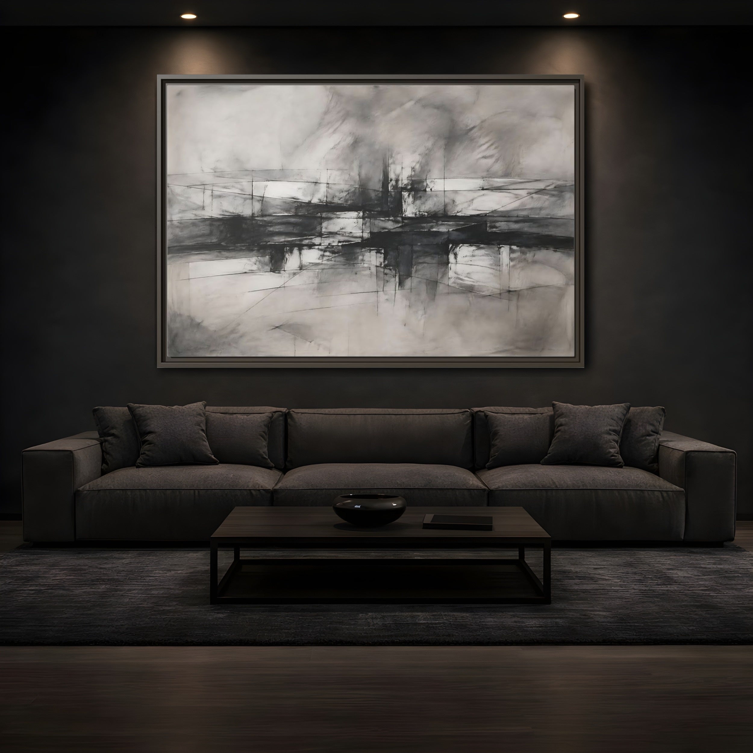 Mockup 3. Abstract Abstract Forms Black And White Abstract shown as stretched canvas wall art