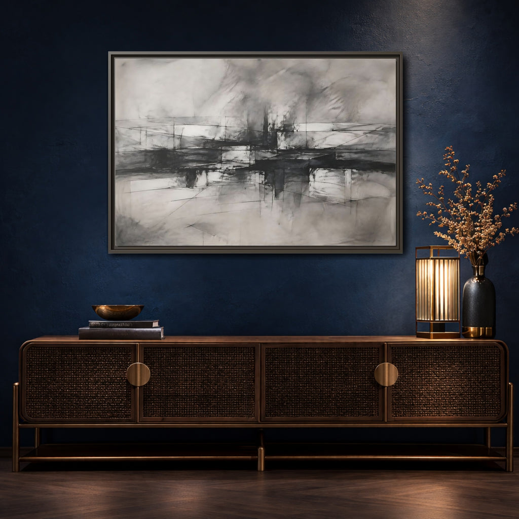 Mockup 4. Abstract Abstract Forms Black And White Abstract shown as stretched canvas wall art