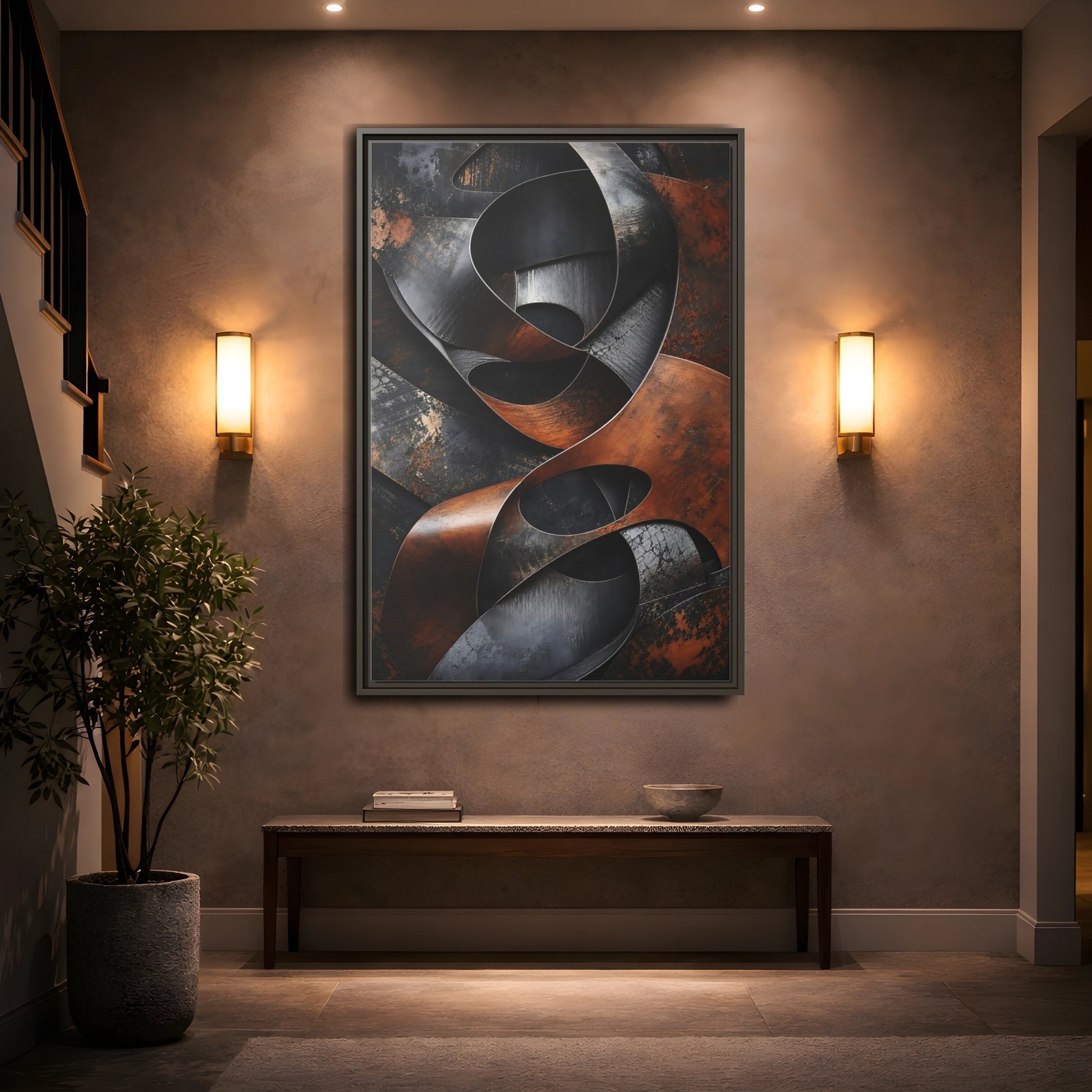Abstract Forms Brown Black Framed Canvas Wall Art - Industrial Living Room, Above Sofa shown as canvas wall art