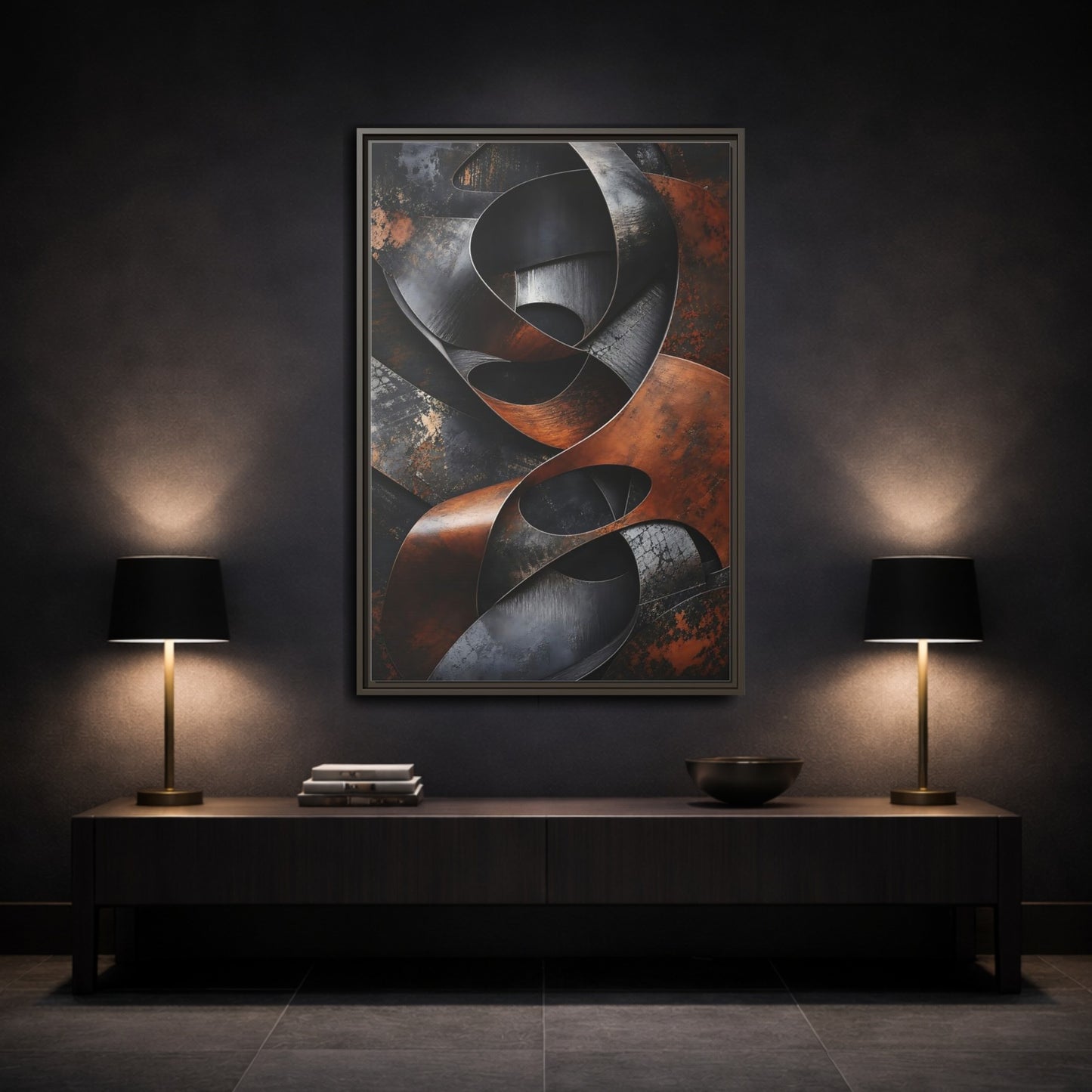 Abstract Forms Brown Black Framed Canvas Wall Art - Industrial Living Room, Above Sofa shown as canvas wall art