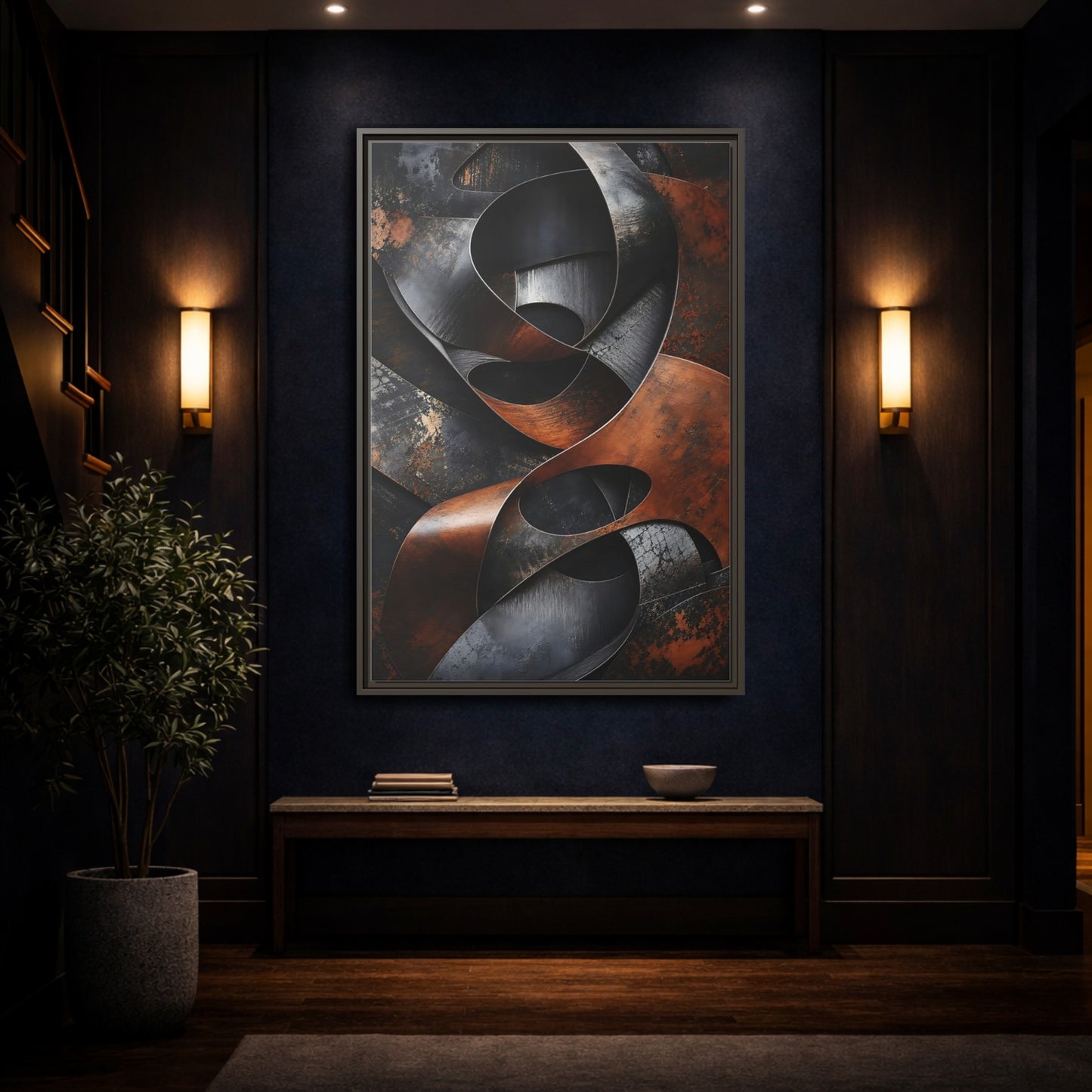 Abstract Forms Brown Black Framed Canvas Wall Art - Industrial Living Room, Above Sofa shown as canvas wall art