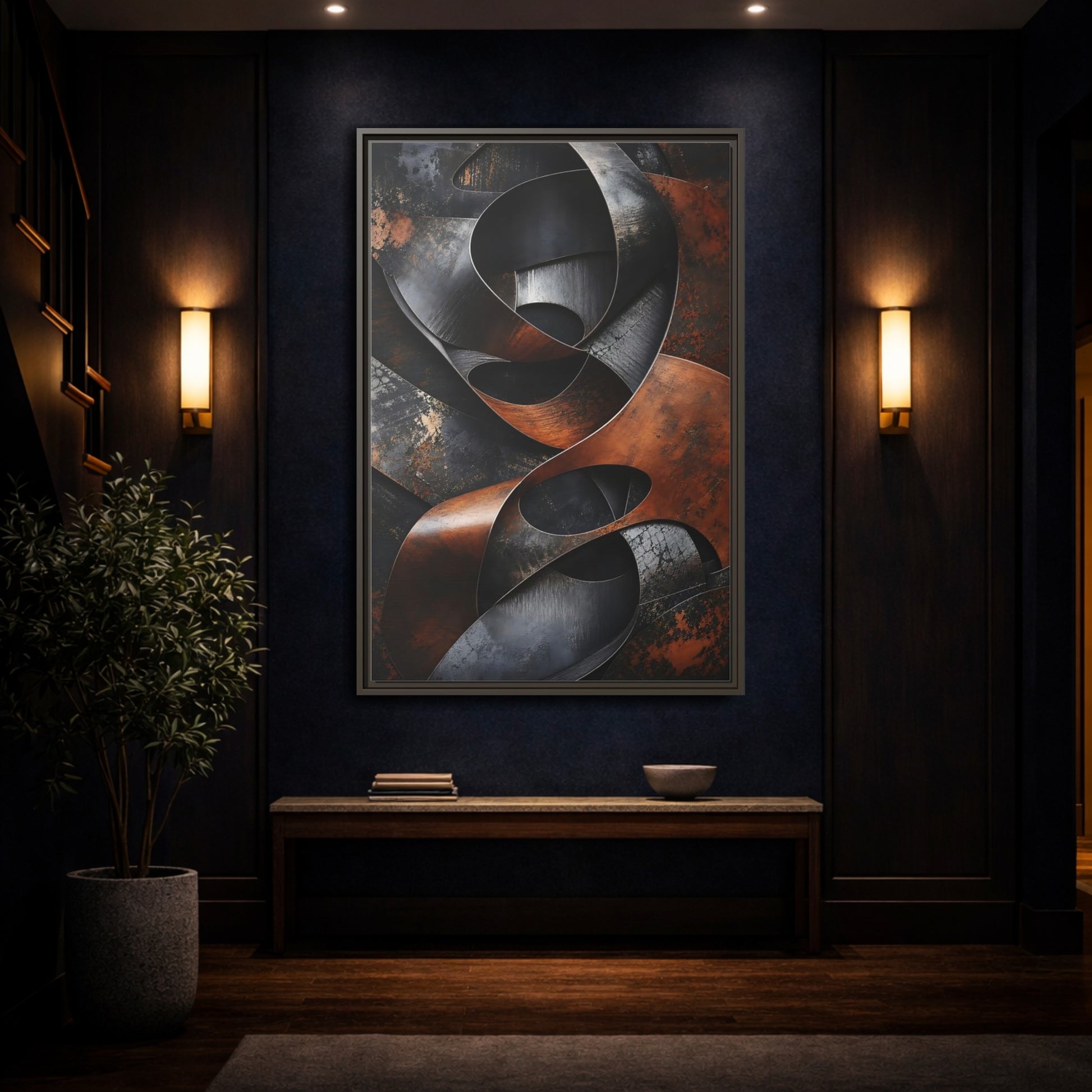 Abstract Forms Brown Black Framed Canvas Wall Art - Industrial Living Room, Above Sofa shown as canvas wall art