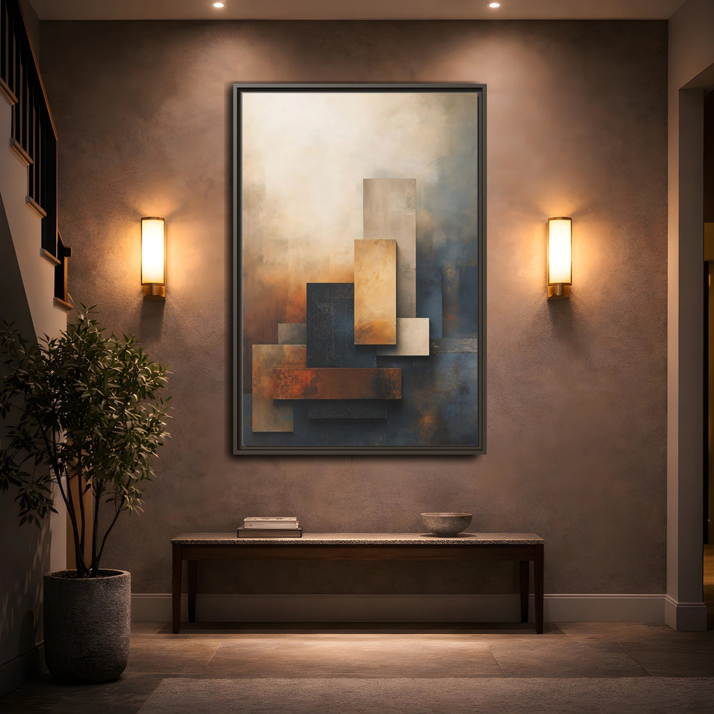 Mockup 2. Abstract Abstract Forms Brown Blue Abstract shown as stretched canvas wall art