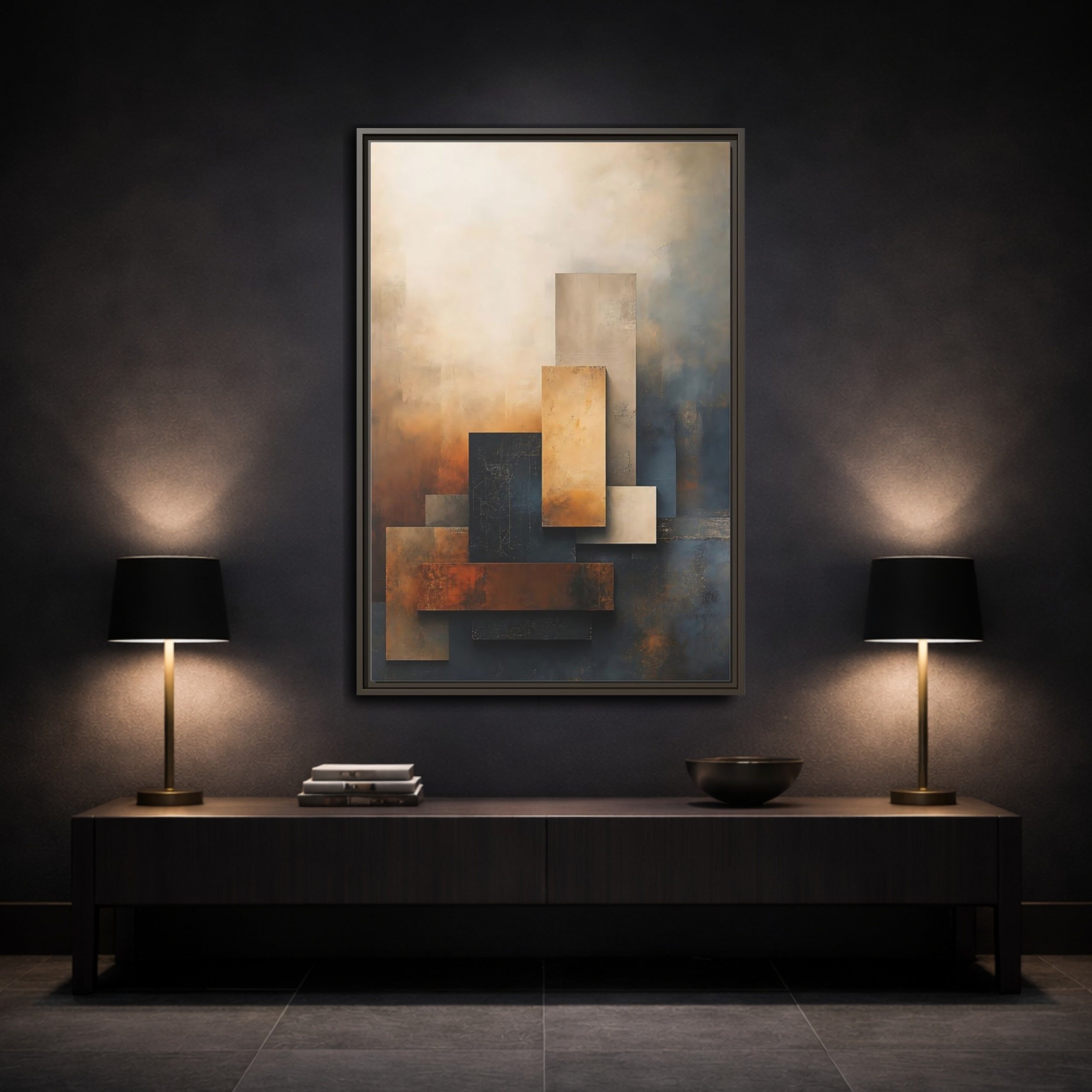 Mockup 3. Abstract Abstract Forms Brown Blue Abstract shown as stretched canvas wall art