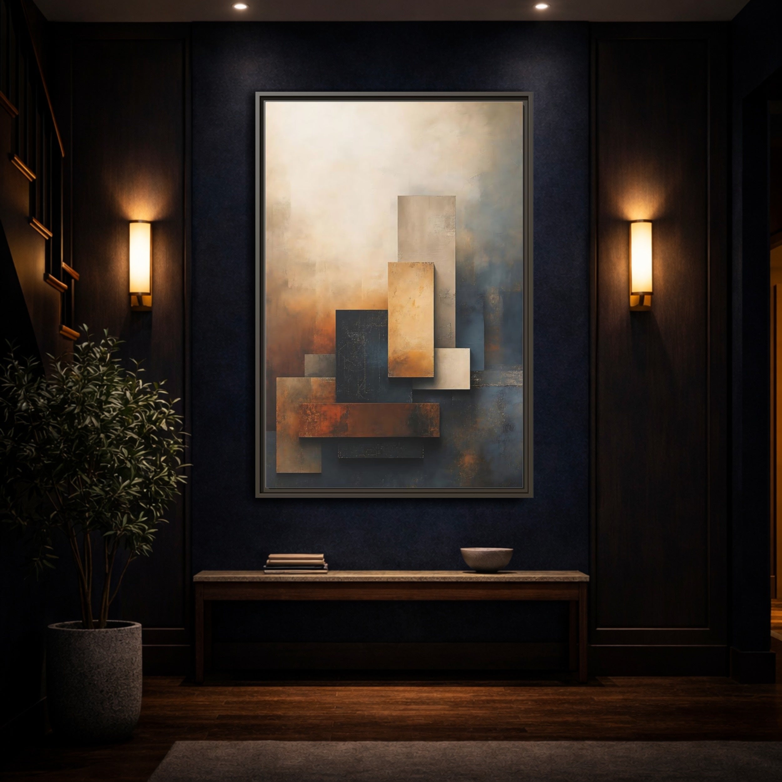 Mockup 4. Abstract Abstract Forms Brown Blue Abstract shown as stretched canvas wall art