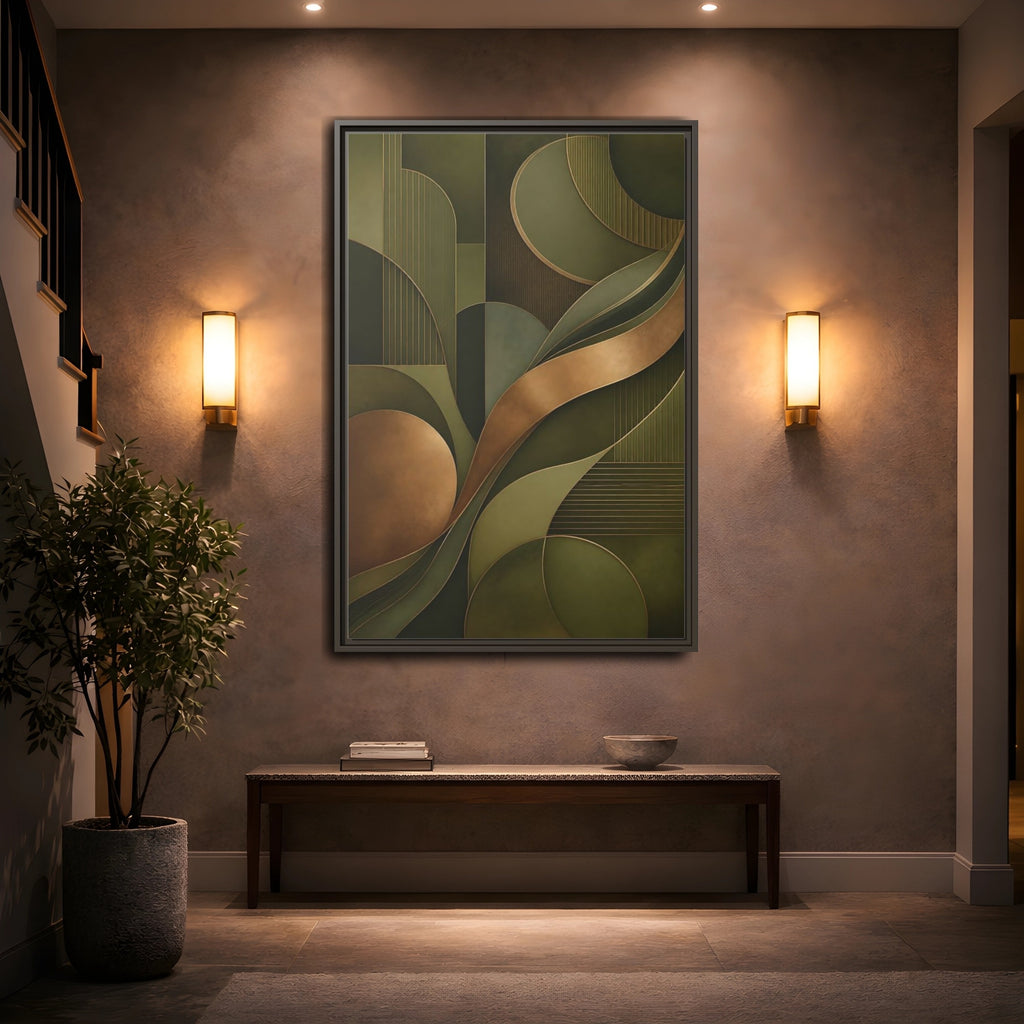 Mockup 2. Abstract Abstract Forms Green And Gold shown as stretched canvas wall art