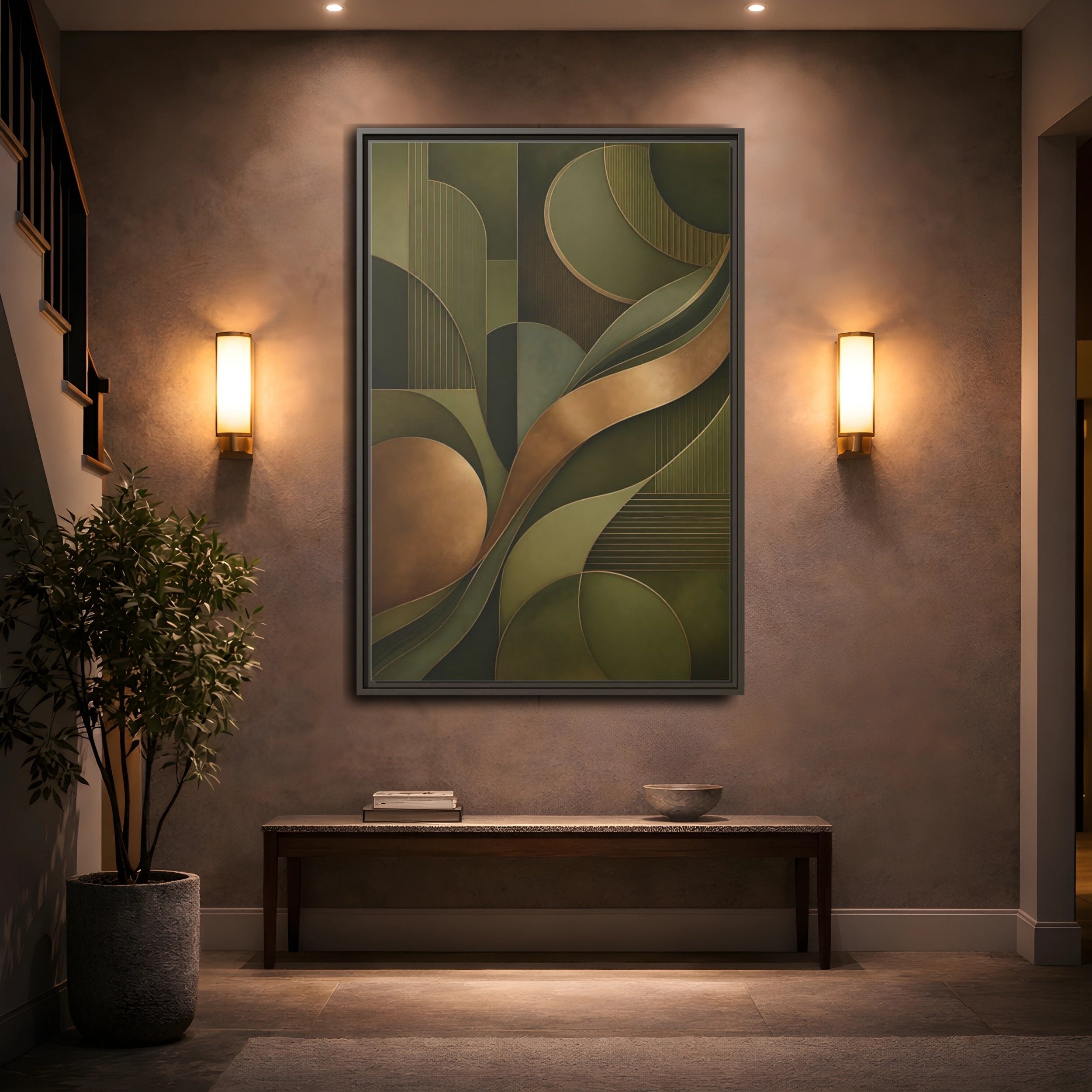 Mockup 2. Abstract Abstract Forms Green And Gold shown as stretched canvas wall art