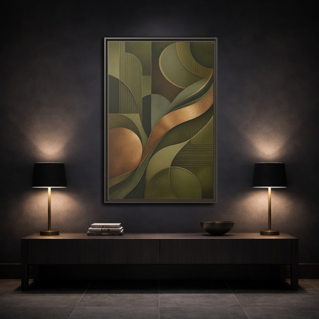 Mockup 3. Abstract Abstract Forms Green And Gold shown as stretched canvas wall art