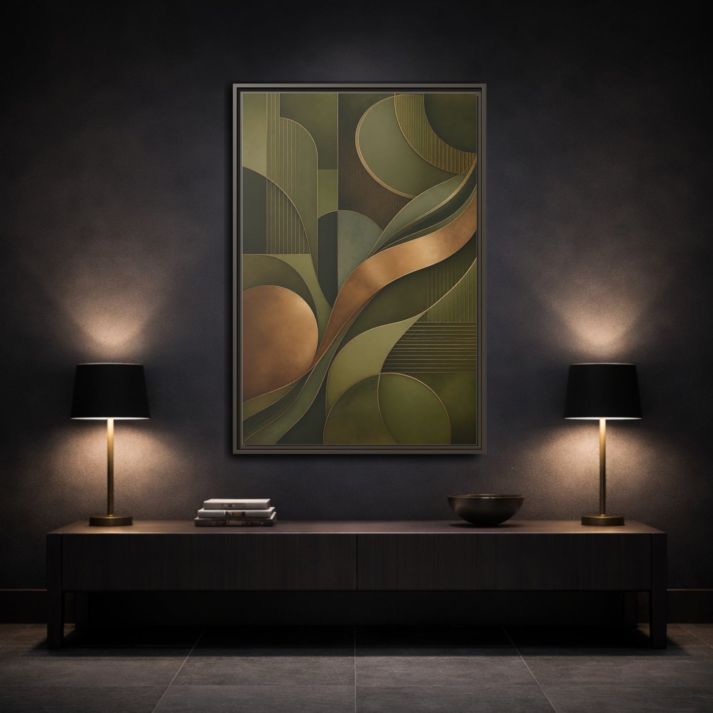 Mockup 3. Abstract Abstract Forms Green And Gold shown as stretched canvas wall art